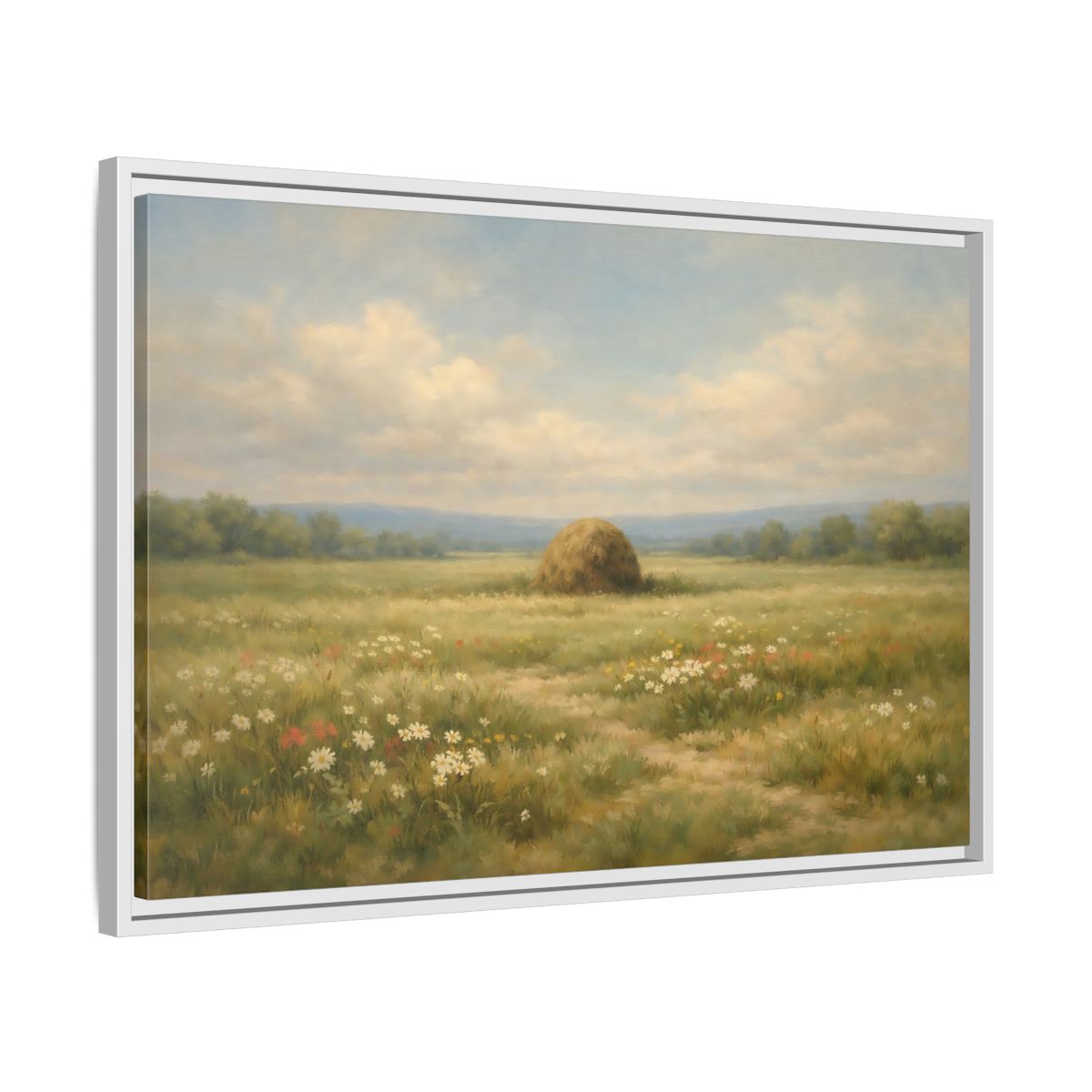 Side Mockup 10. Nature Haystack Green And Brown Landscape shown as stretched canvas wall art