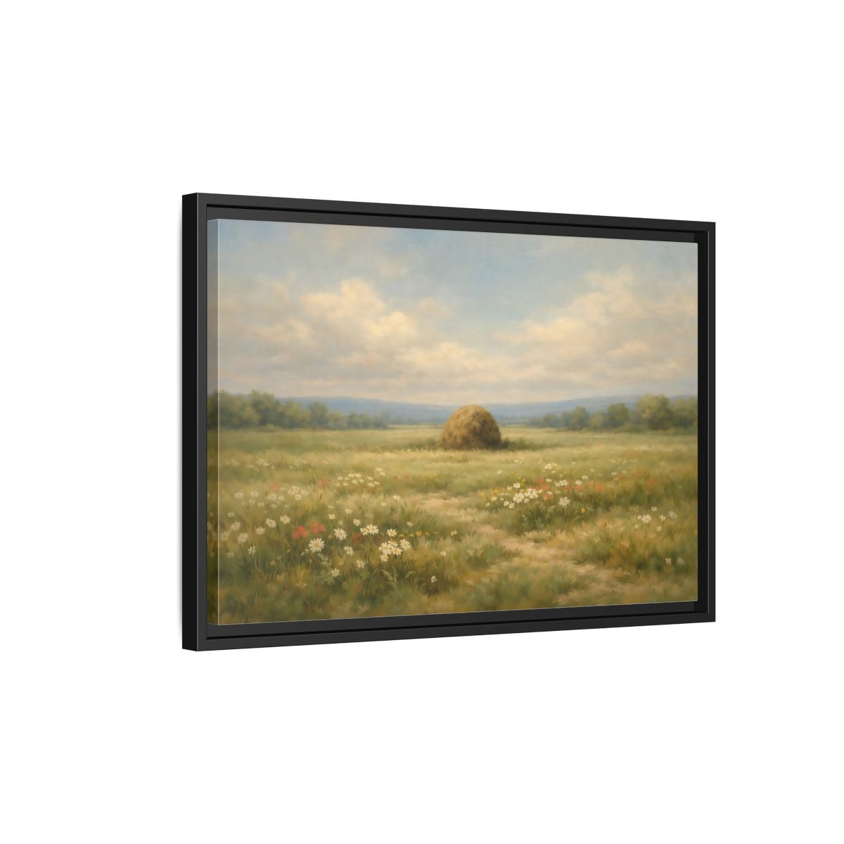 Side Mockup 3. Nature Haystack Green And Brown Landscape shown as stretched canvas wall art