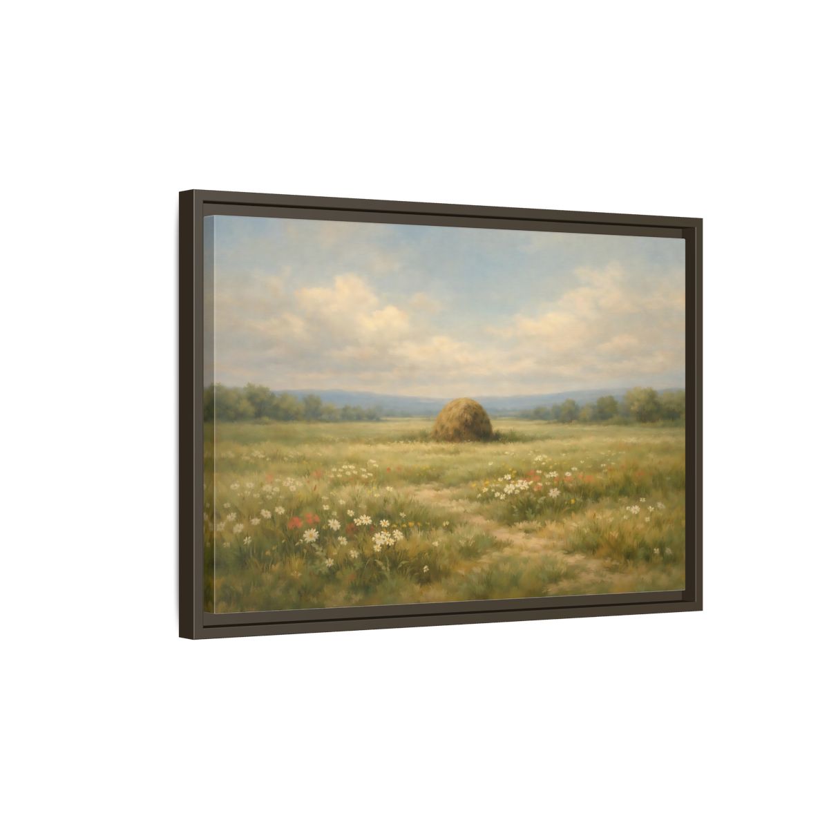 Side Mockup 2. Nature Haystack Green And Brown Landscape shown as stretched canvas wall art