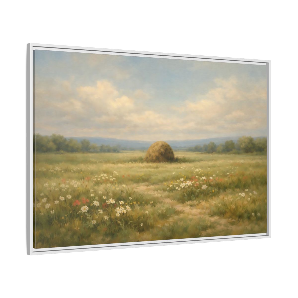 Side Mockup 7. Nature Haystack Green And Brown Landscape shown as stretched canvas wall art