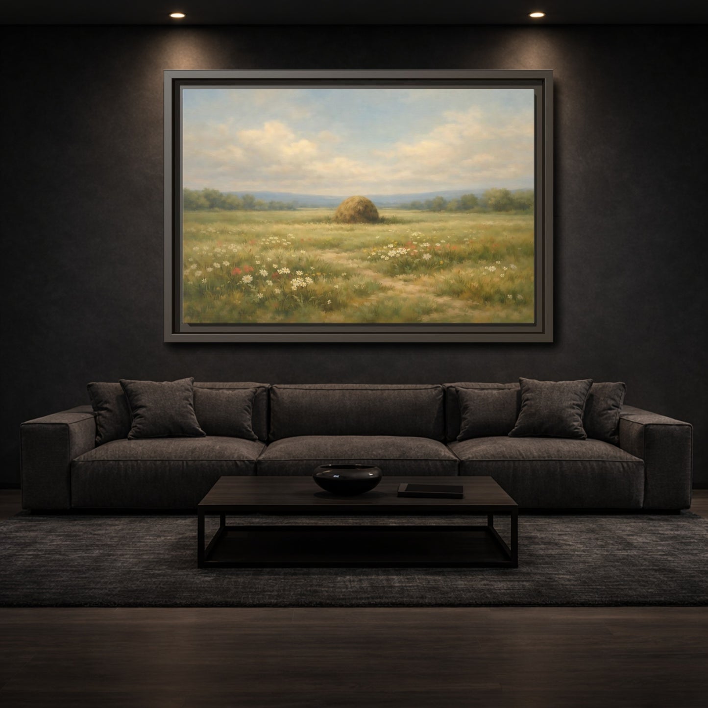 Mockup 2. Nature Haystack Green And Brown Landscape shown as stretched canvas wall art