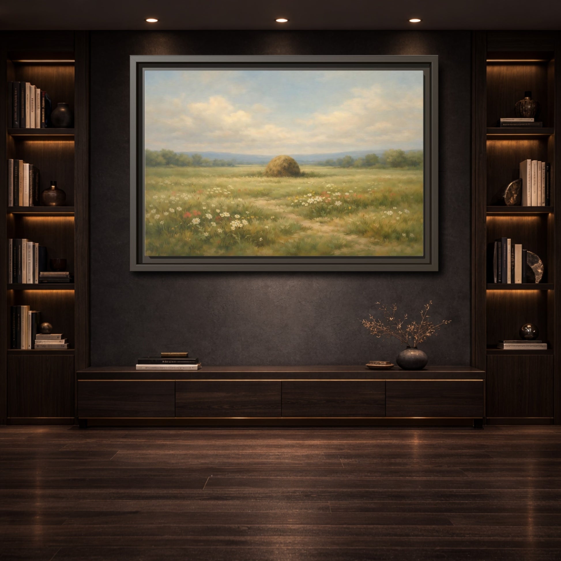 Mockup 3. Nature Haystack Green And Brown Landscape shown as stretched canvas wall art