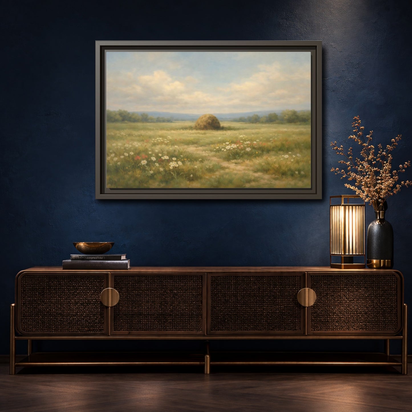 Mockup 4. Nature Haystack Green And Brown Landscape shown as stretched canvas wall art