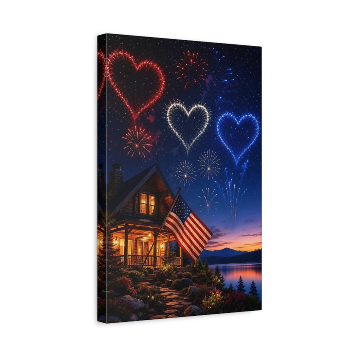 Nature Heart Fireworks Patriotic Celebration Canvas Print – Realistic Living Room, Above Console Table - YesArtYes
