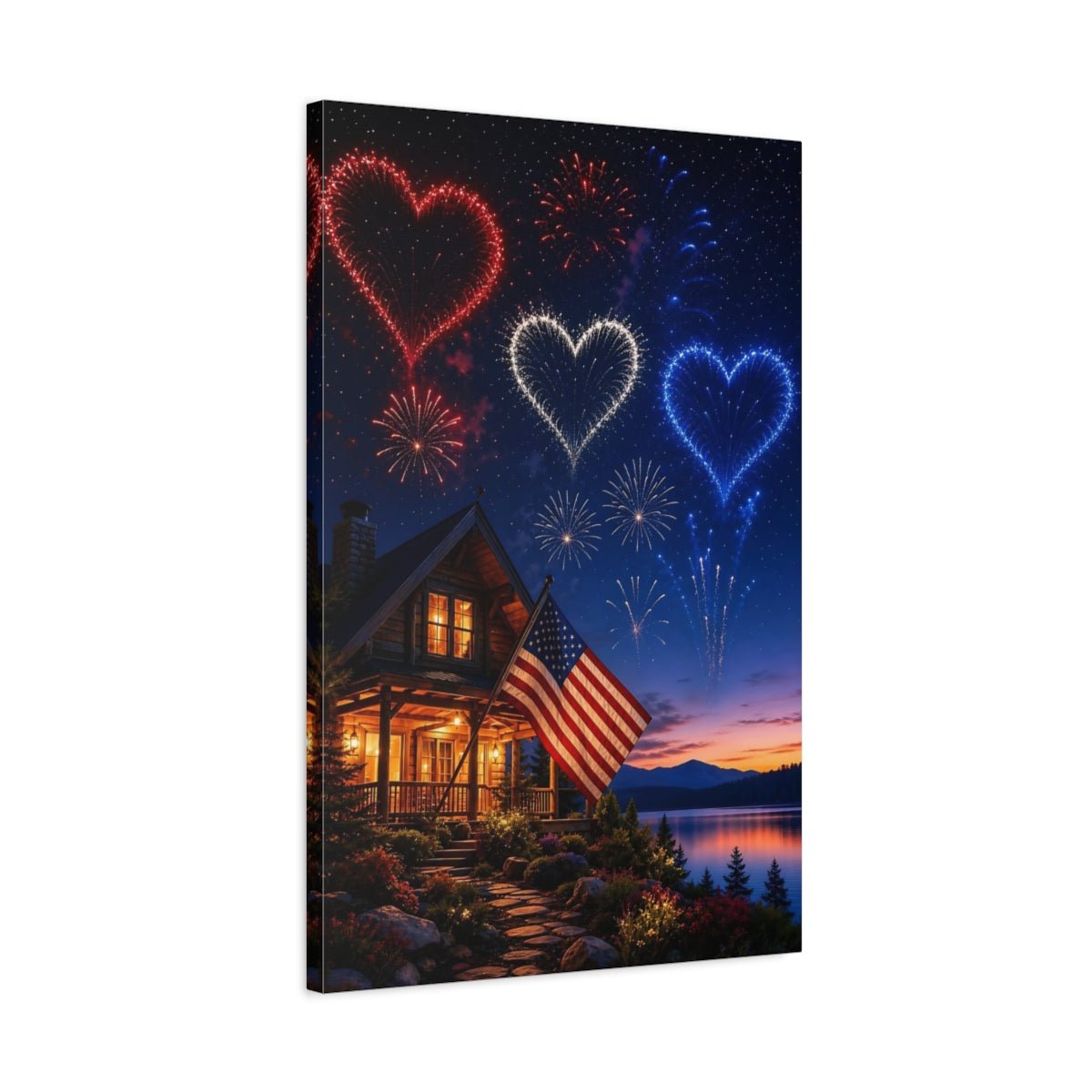 Nature Heart Fireworks Patriotic Celebration Canvas Print – Realistic Living Room, Above Console Table - YesArtYes