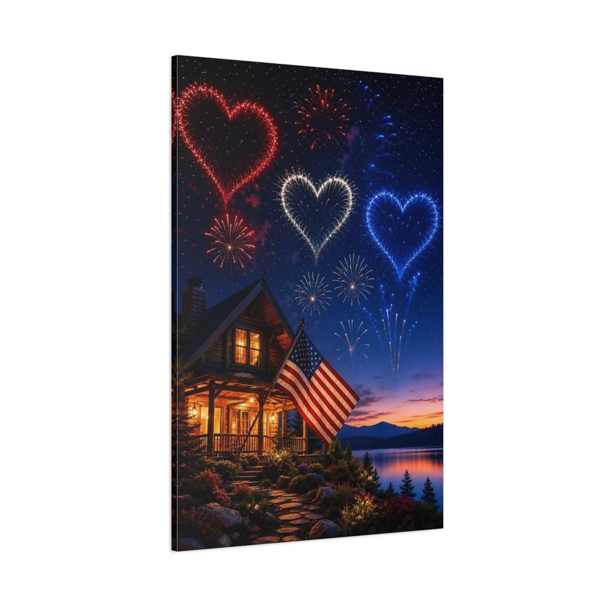 Nature Heart Fireworks Patriotic Celebration Canvas Print – Realistic Living Room, Above Console Table - YesArtYes