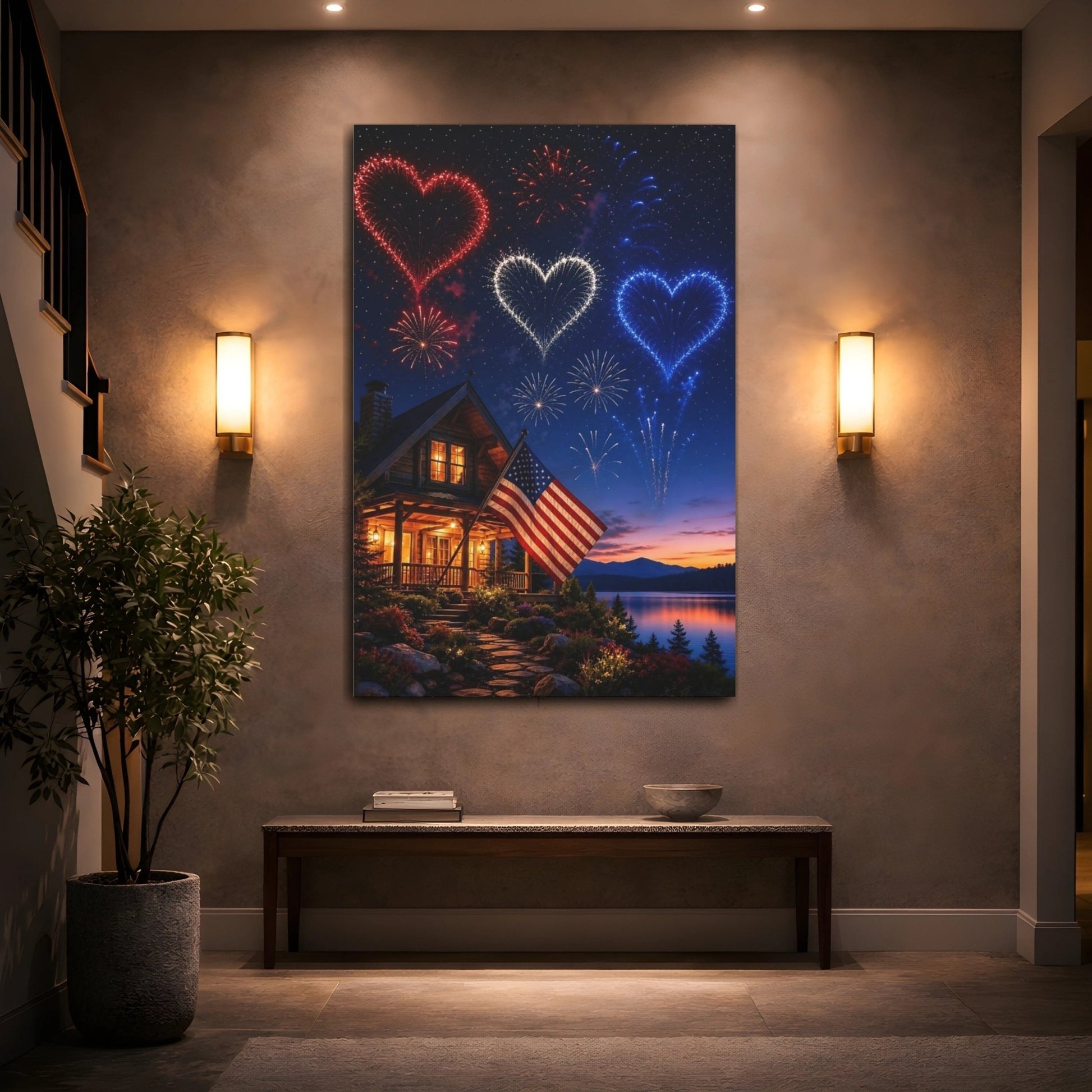 Nature Heart Fireworks Patriotic Celebration Canvas Print – Realistic Living Room, Above Console Table - YesArtYes