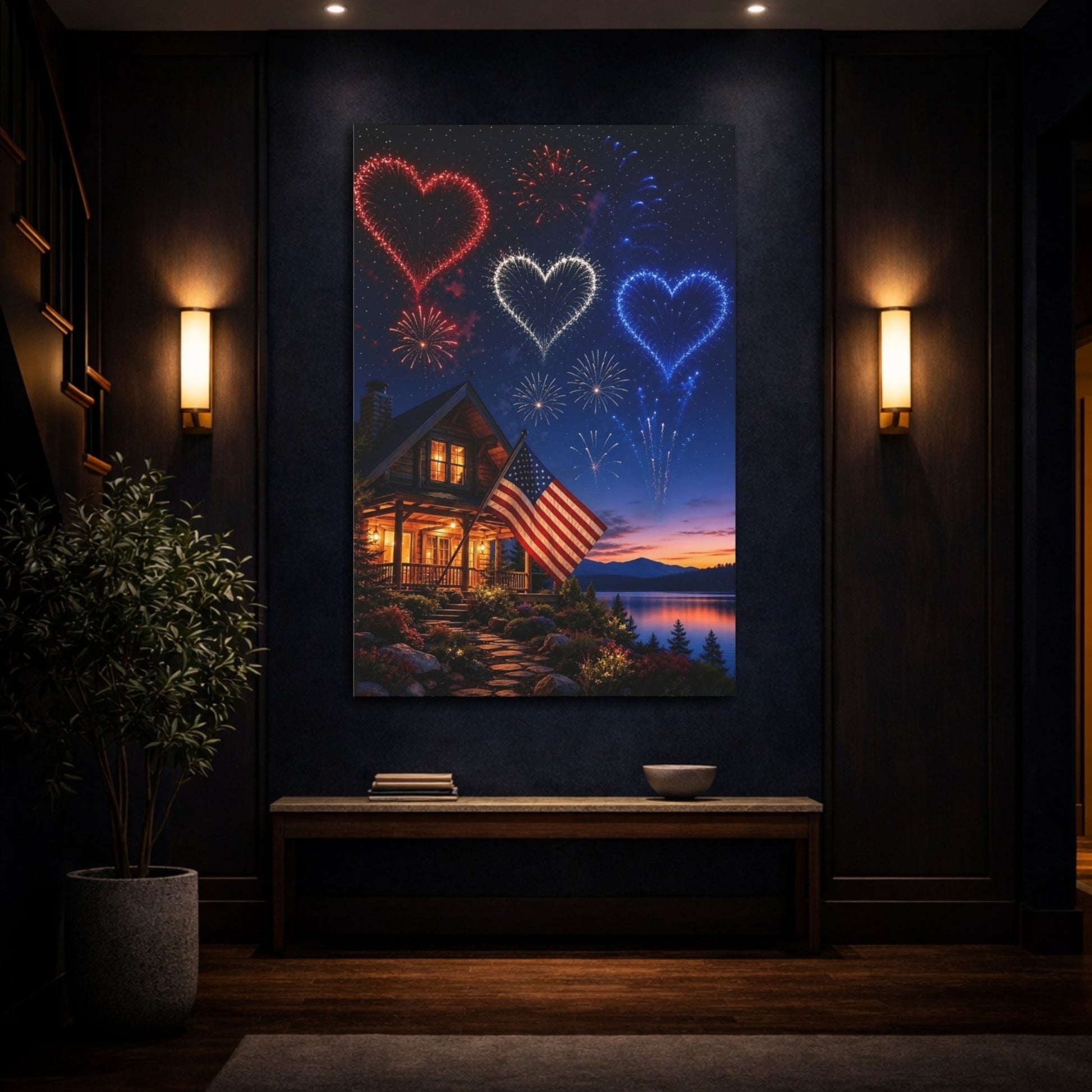 Nature Heart Fireworks Patriotic Celebration Canvas Print – Realistic Living Room, Above Console Table - YesArtYes