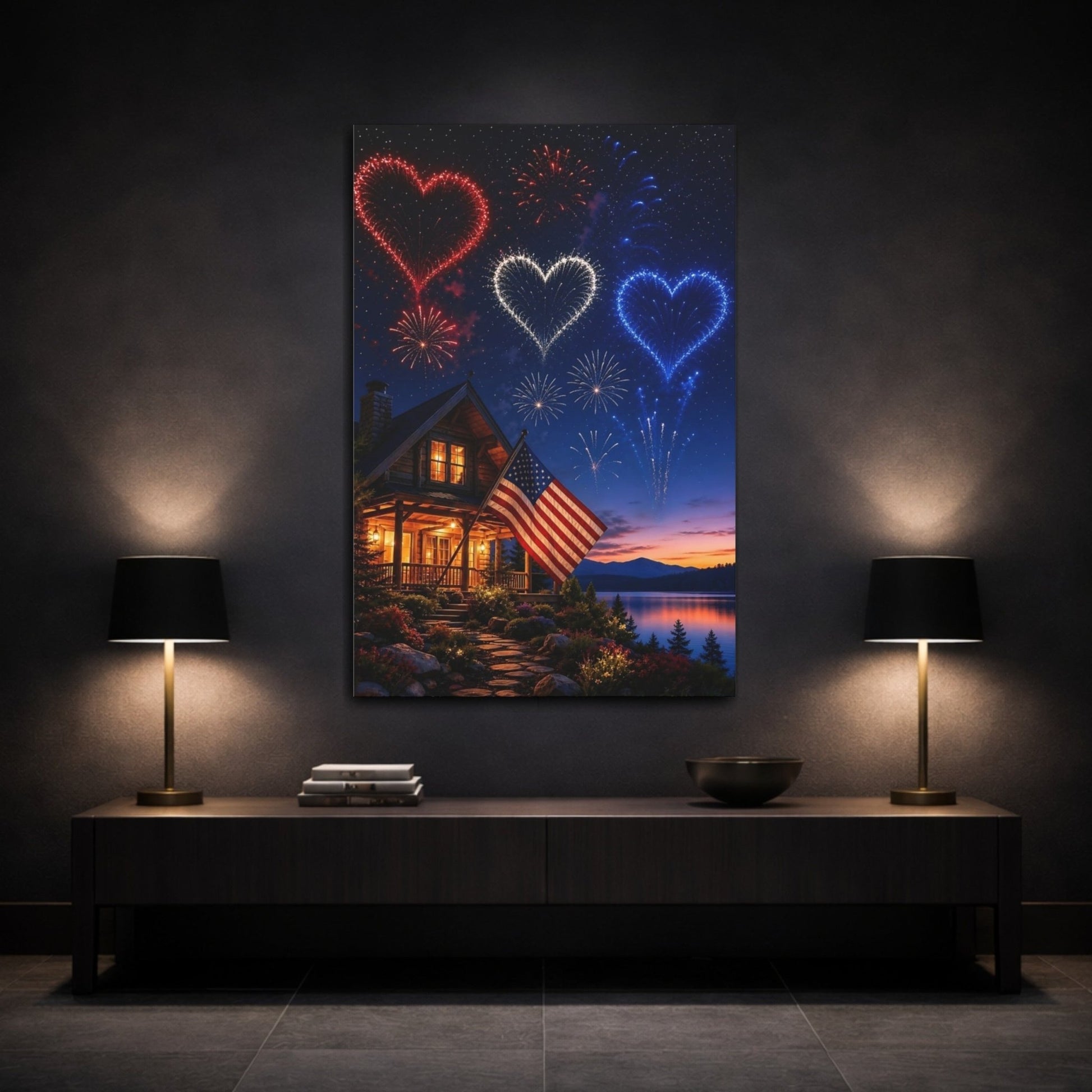 Nature Heart Fireworks Patriotic Celebration Canvas Print – Realistic Living Room, Above Console Table - YesArtYes