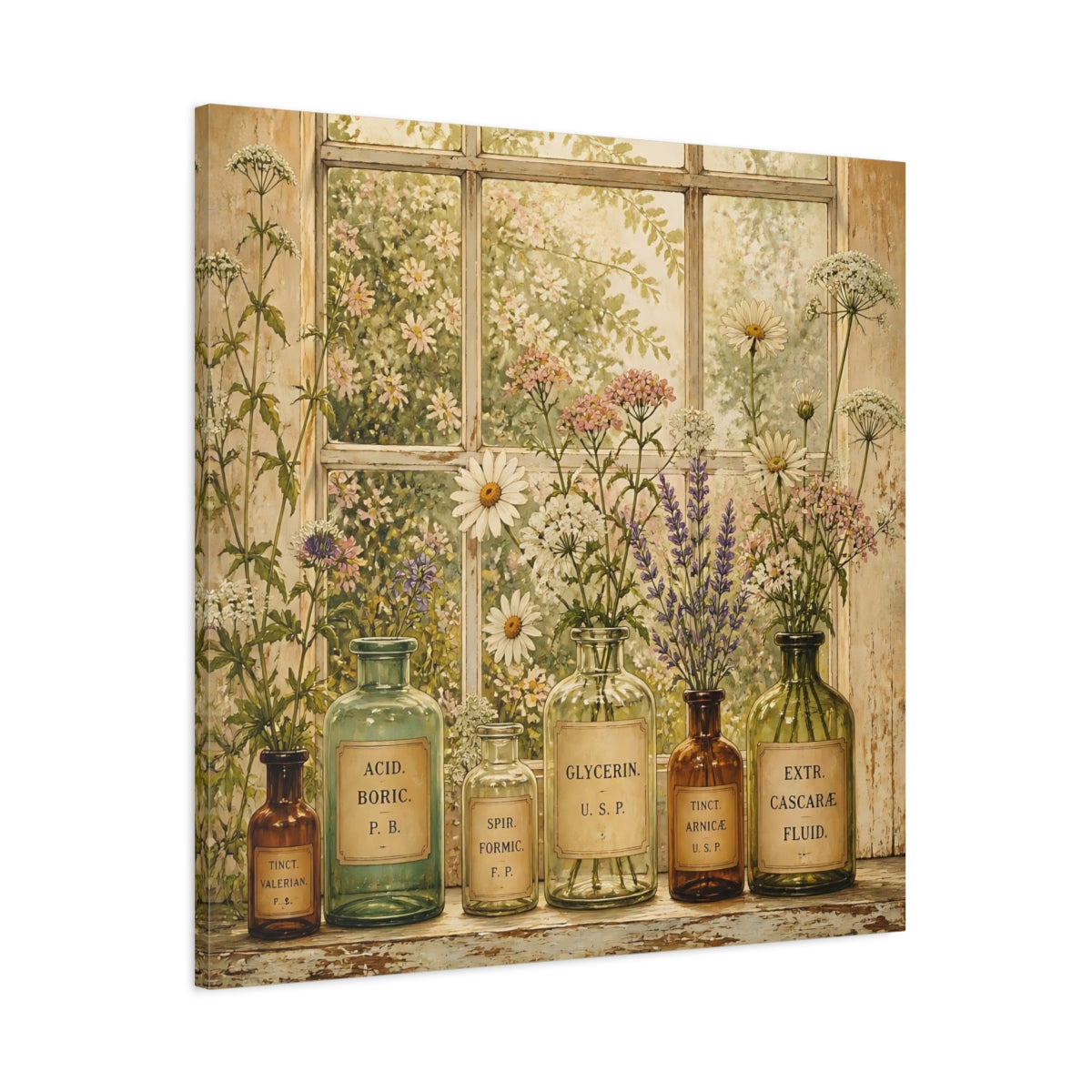 Main Mockup. Nature Herbal Bottles Vintage Apothecary shown as stretched canvas wall art