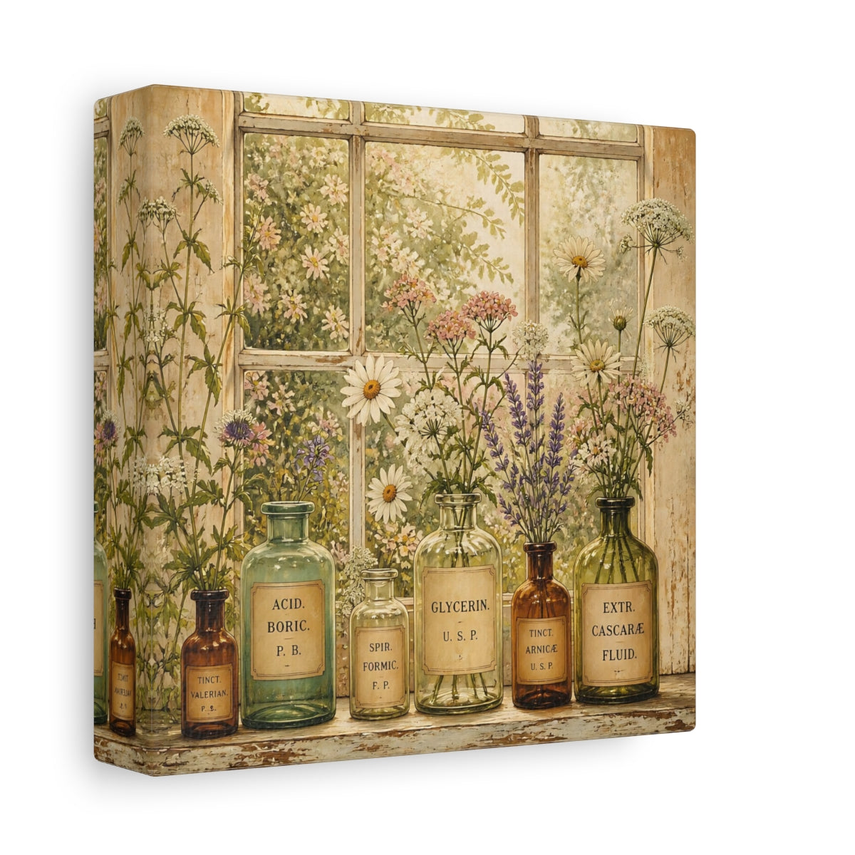 Side Mockup 2. Nature Herbal Bottles Vintage Apothecary shown as stretched canvas wall art