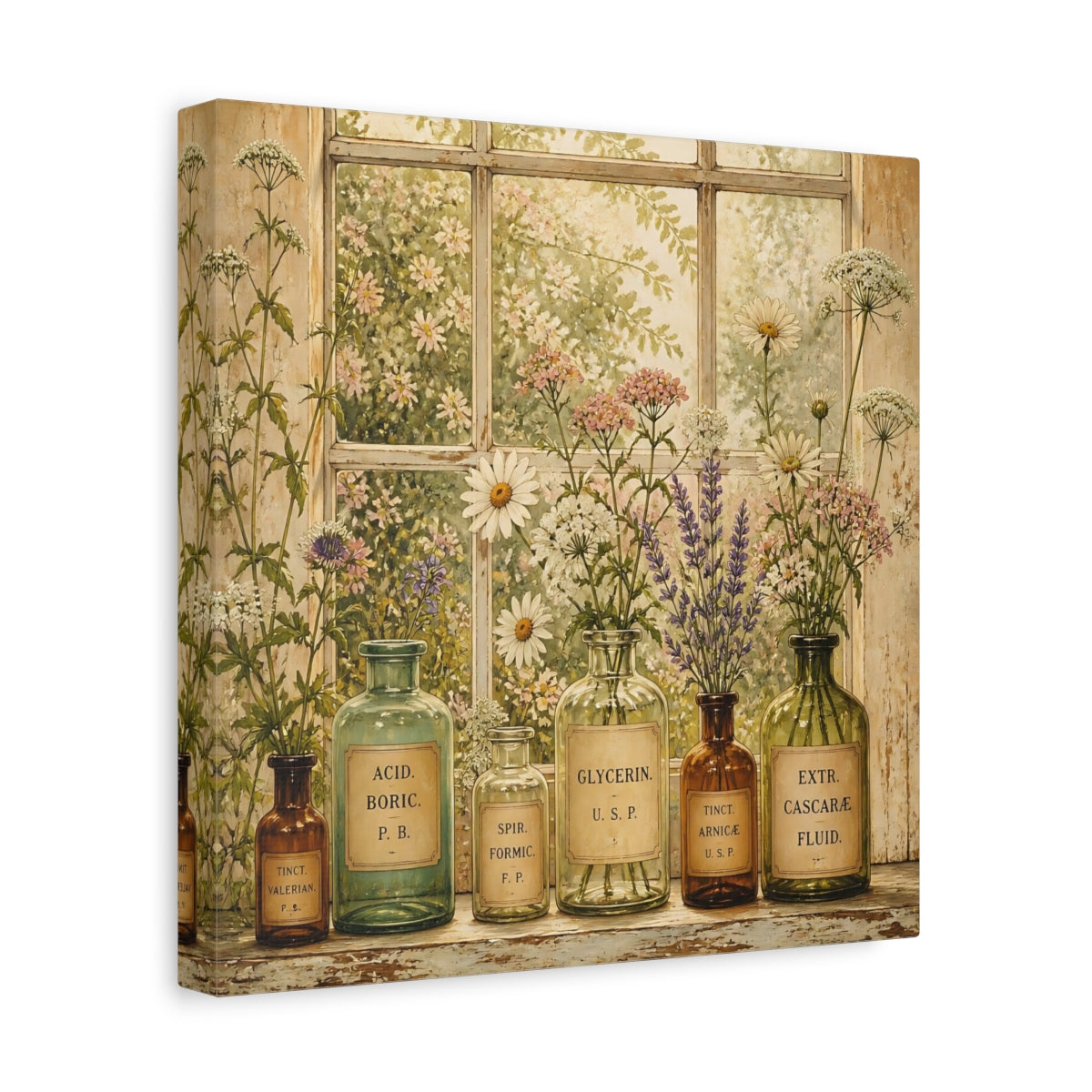Side Mockup 8. Nature Herbal Bottles Vintage Apothecary shown as stretched canvas wall art