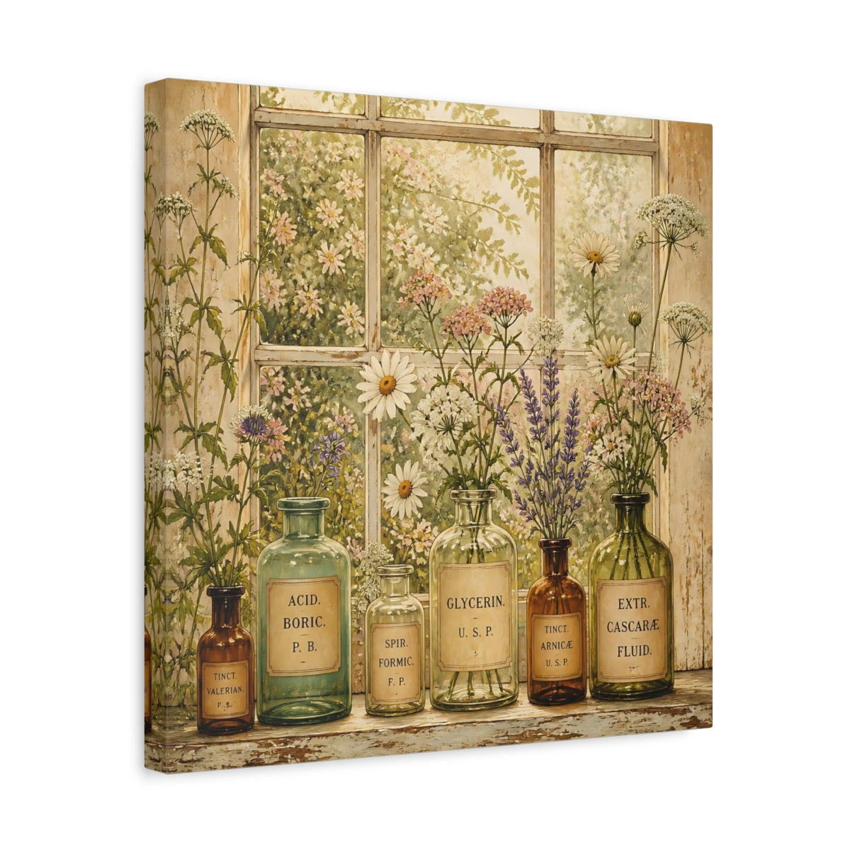 Side Mockup 6. Nature Herbal Bottles Vintage Apothecary shown as stretched canvas wall art