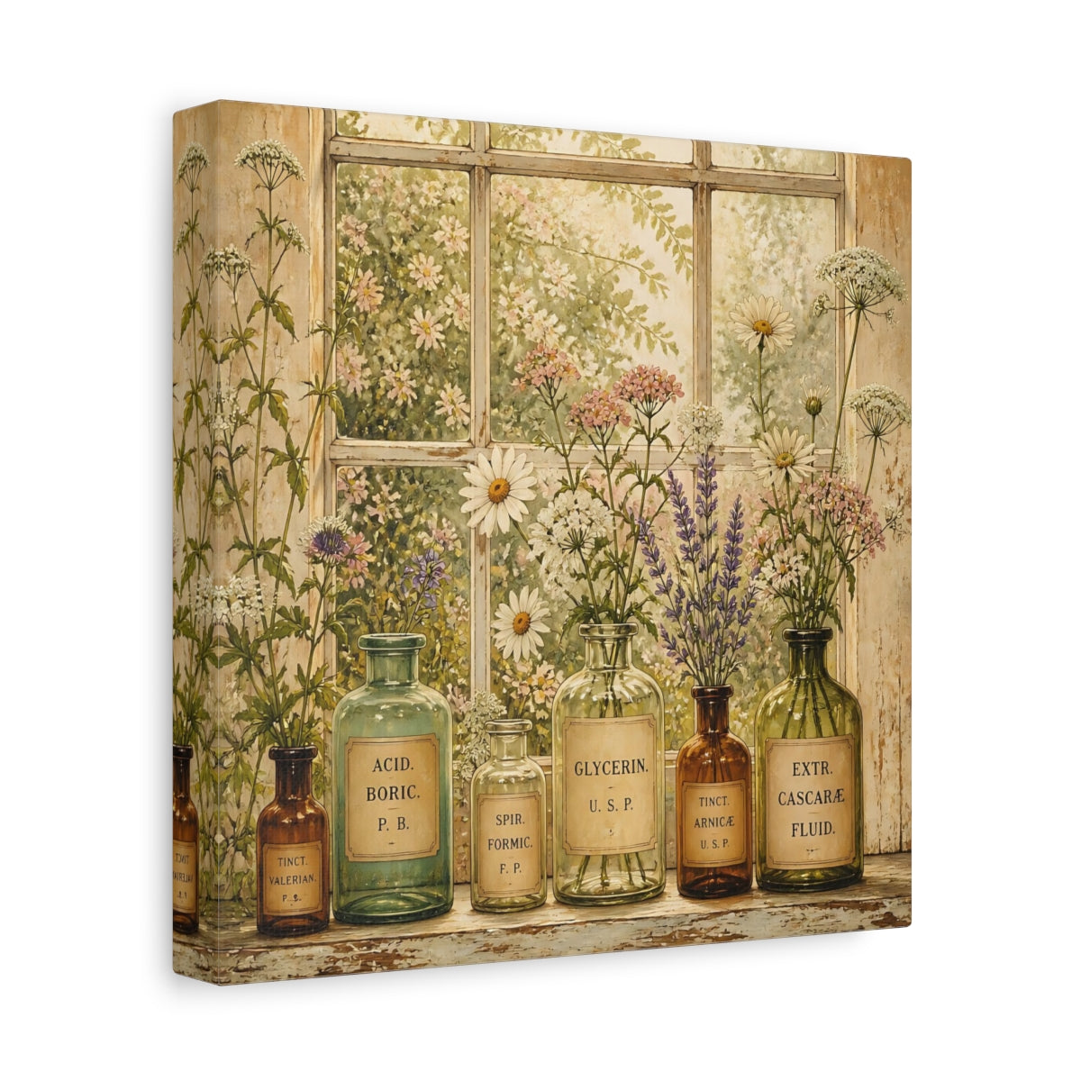 Side Mockup 9. Nature Herbal Bottles Vintage Apothecary shown as stretched canvas wall art