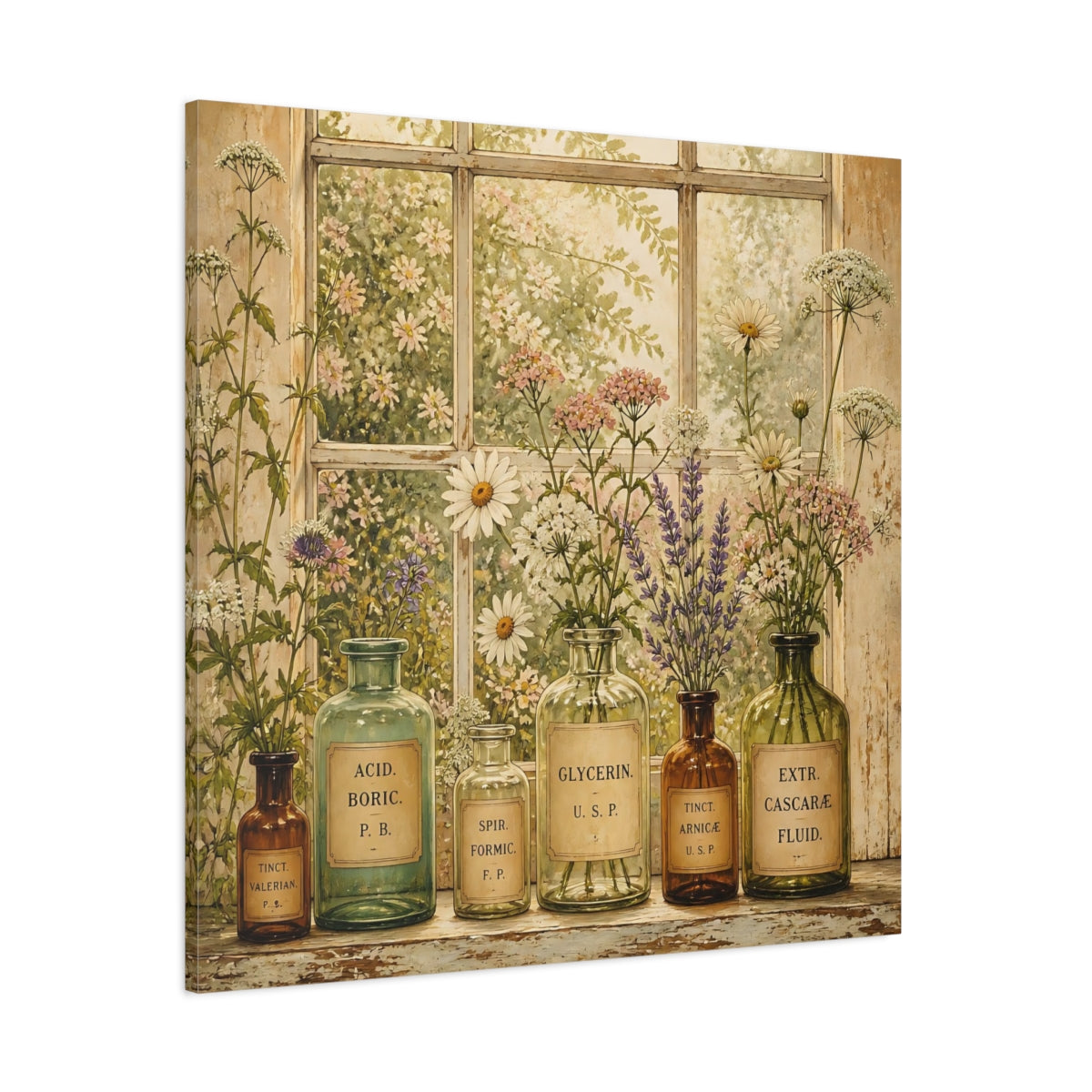 Side Mockup 1. Nature Herbal Bottles Vintage Apothecary shown as stretched canvas wall art