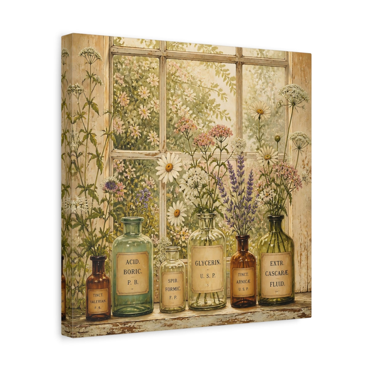 Side Mockup 7. Nature Herbal Bottles Vintage Apothecary shown as stretched canvas wall art