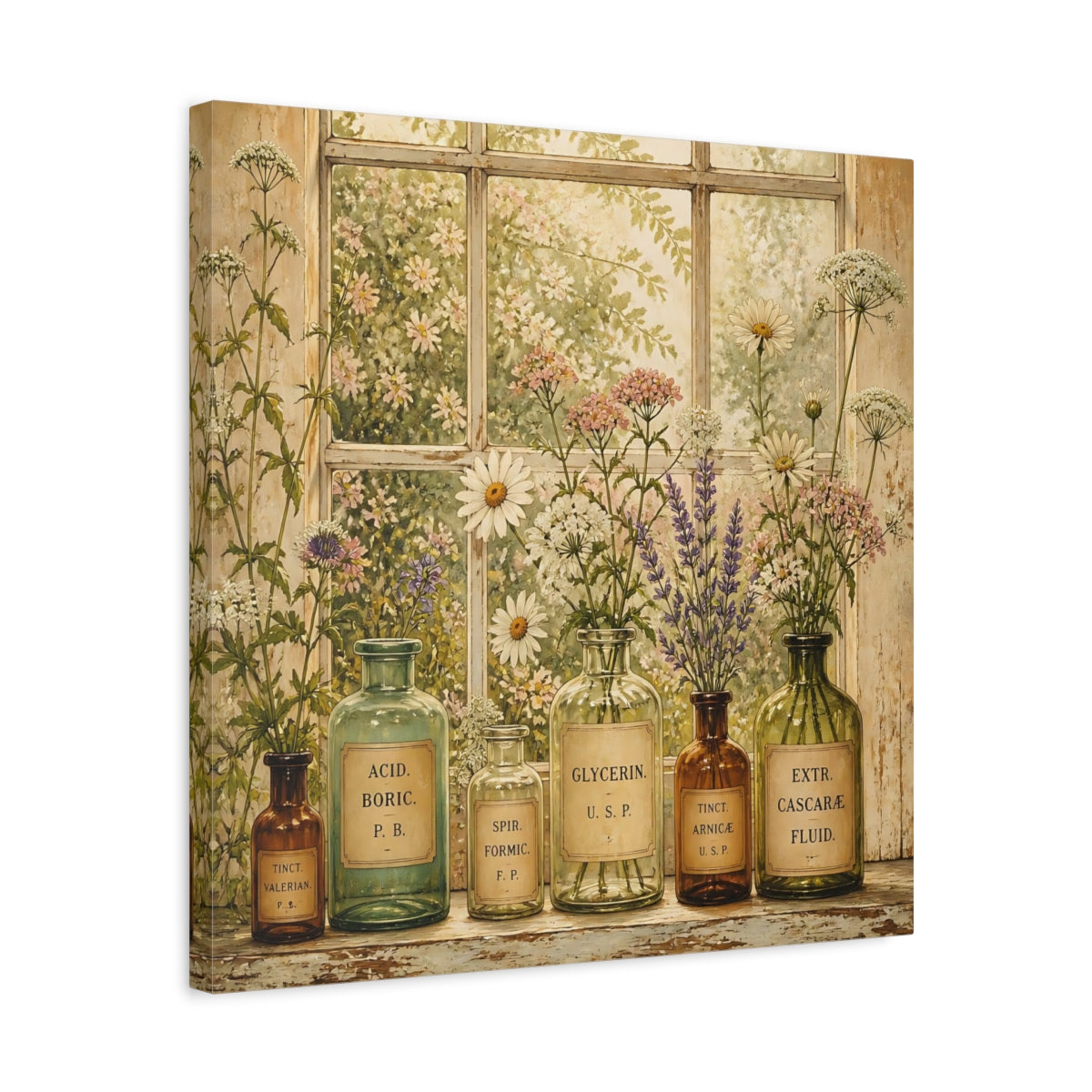 Side Mockup 5. Nature Herbal Bottles Vintage Apothecary shown as stretched canvas wall art