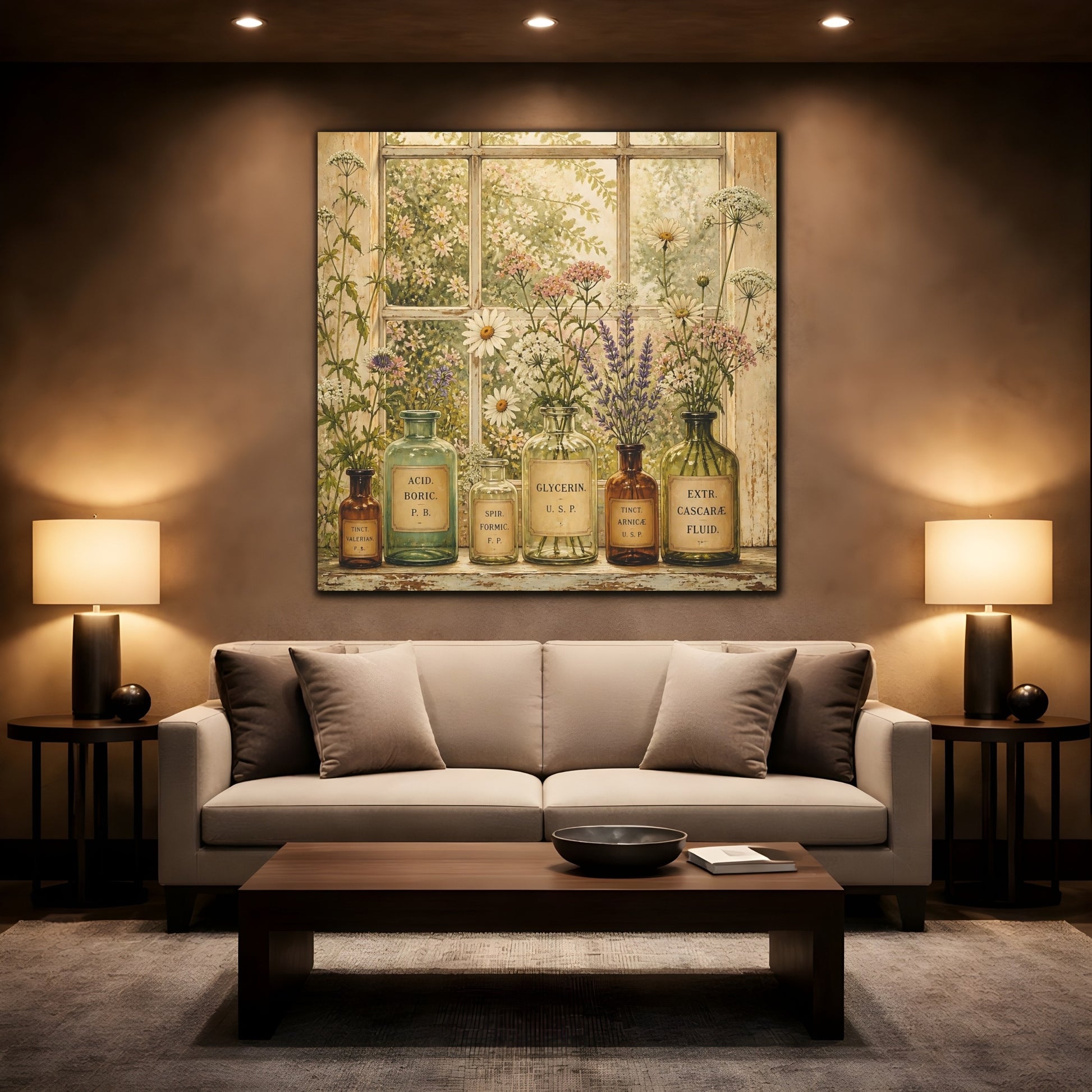 Mockup 2. Nature Herbal Bottles Vintage Apothecary shown as stretched canvas wall art