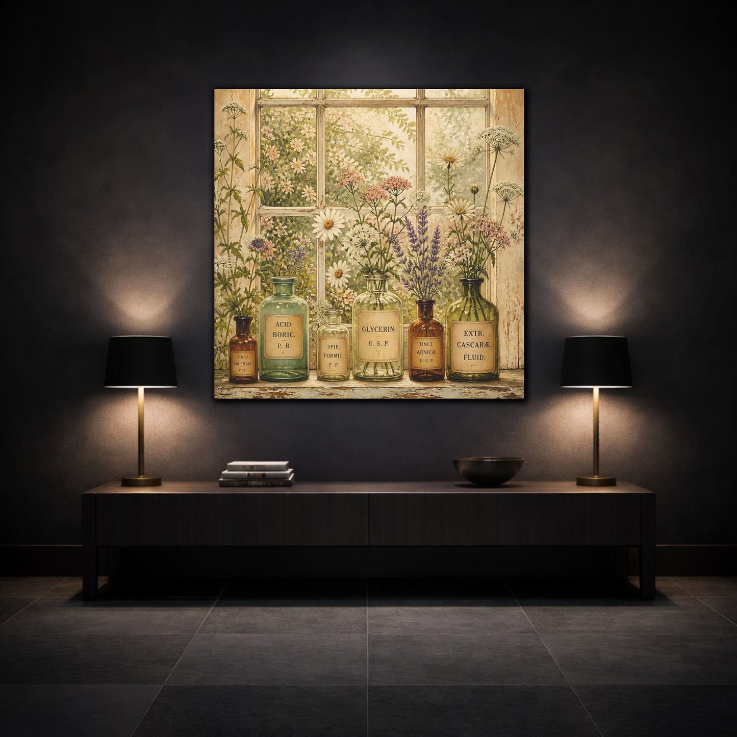 Mockup 3. Nature Herbal Bottles Vintage Apothecary shown as stretched canvas wall art