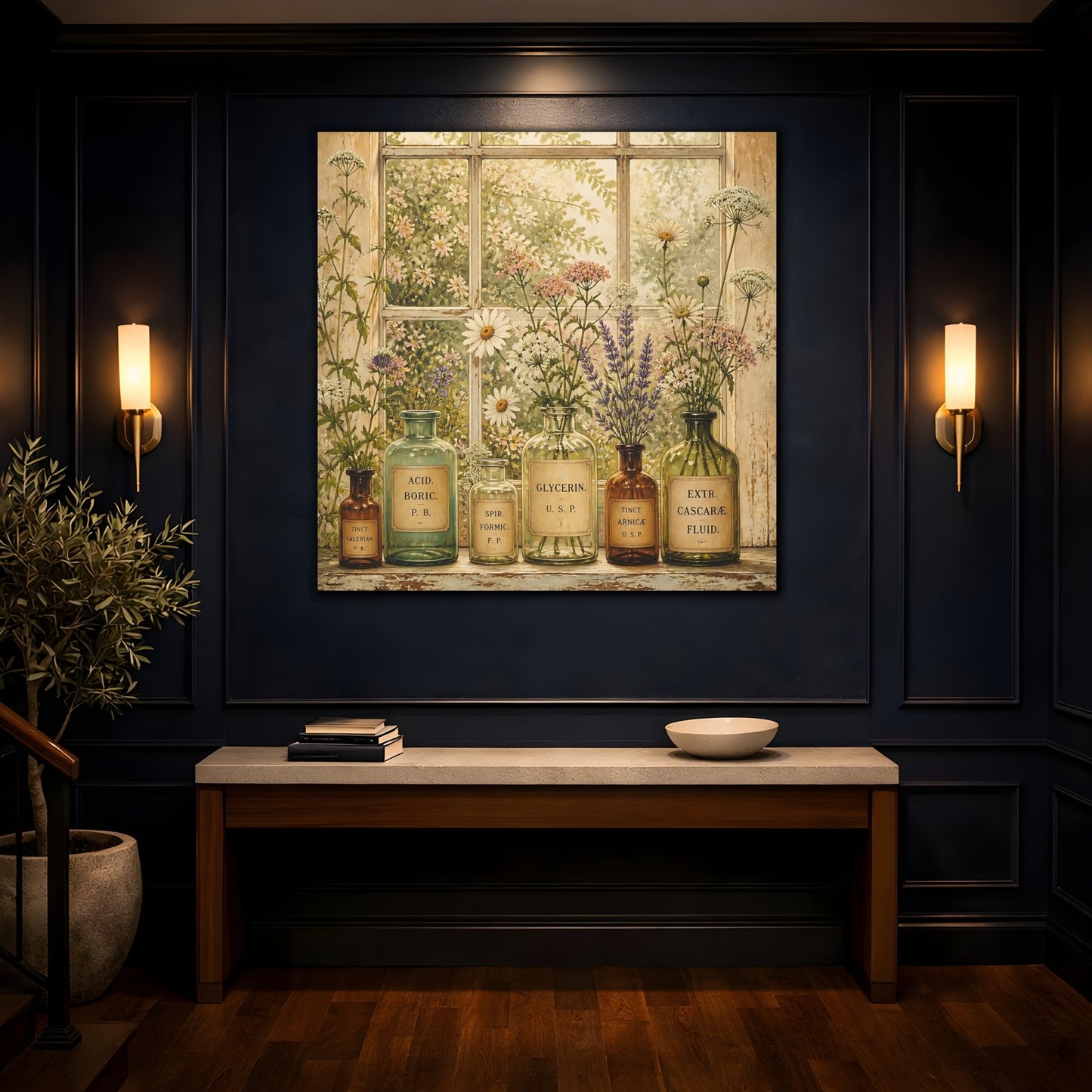 Mockup 4. Nature Herbal Bottles Vintage Apothecary shown as stretched canvas wall art