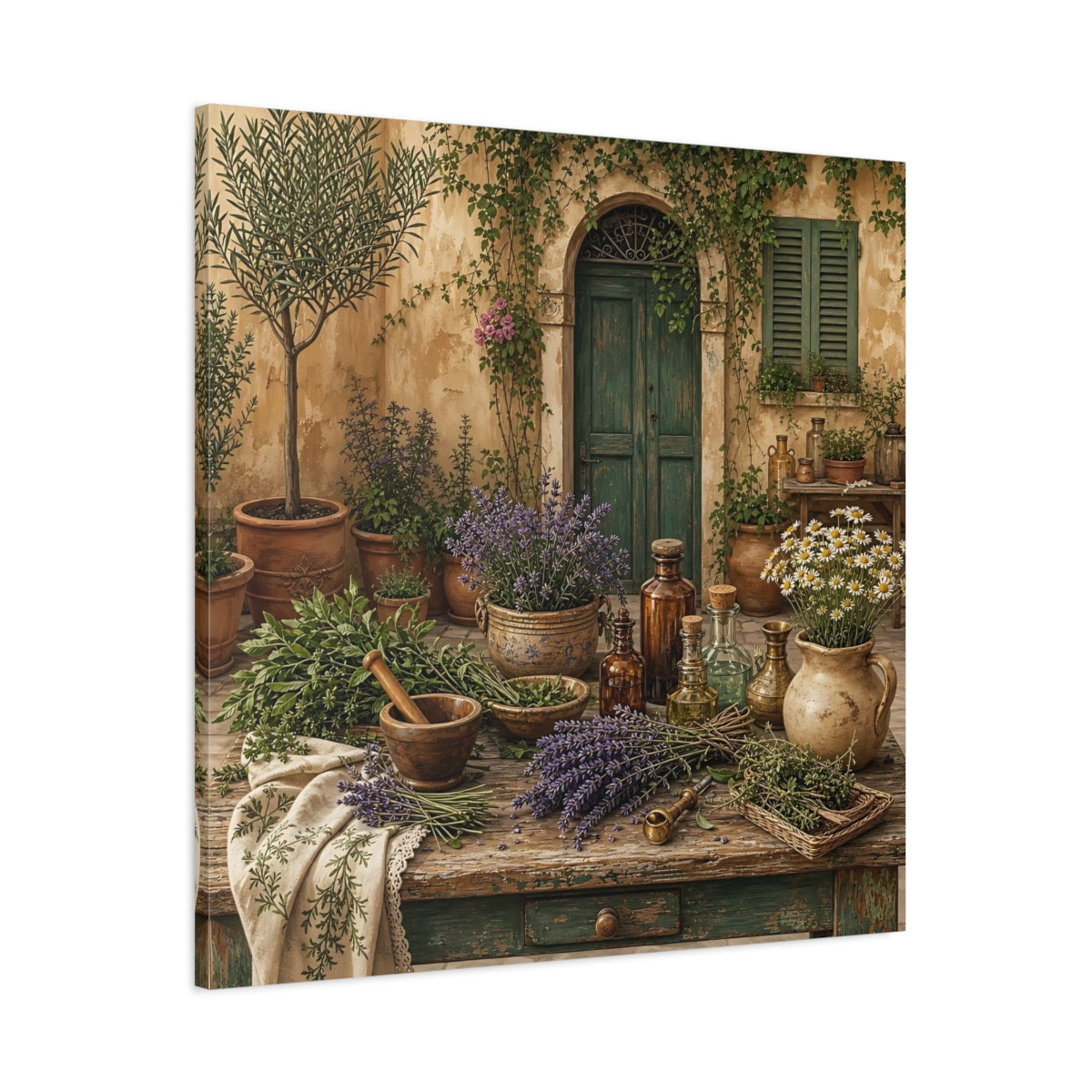 Main Mockup. Nature Herbal Table Rustic Green And Brown shown as stretched canvas wall art
