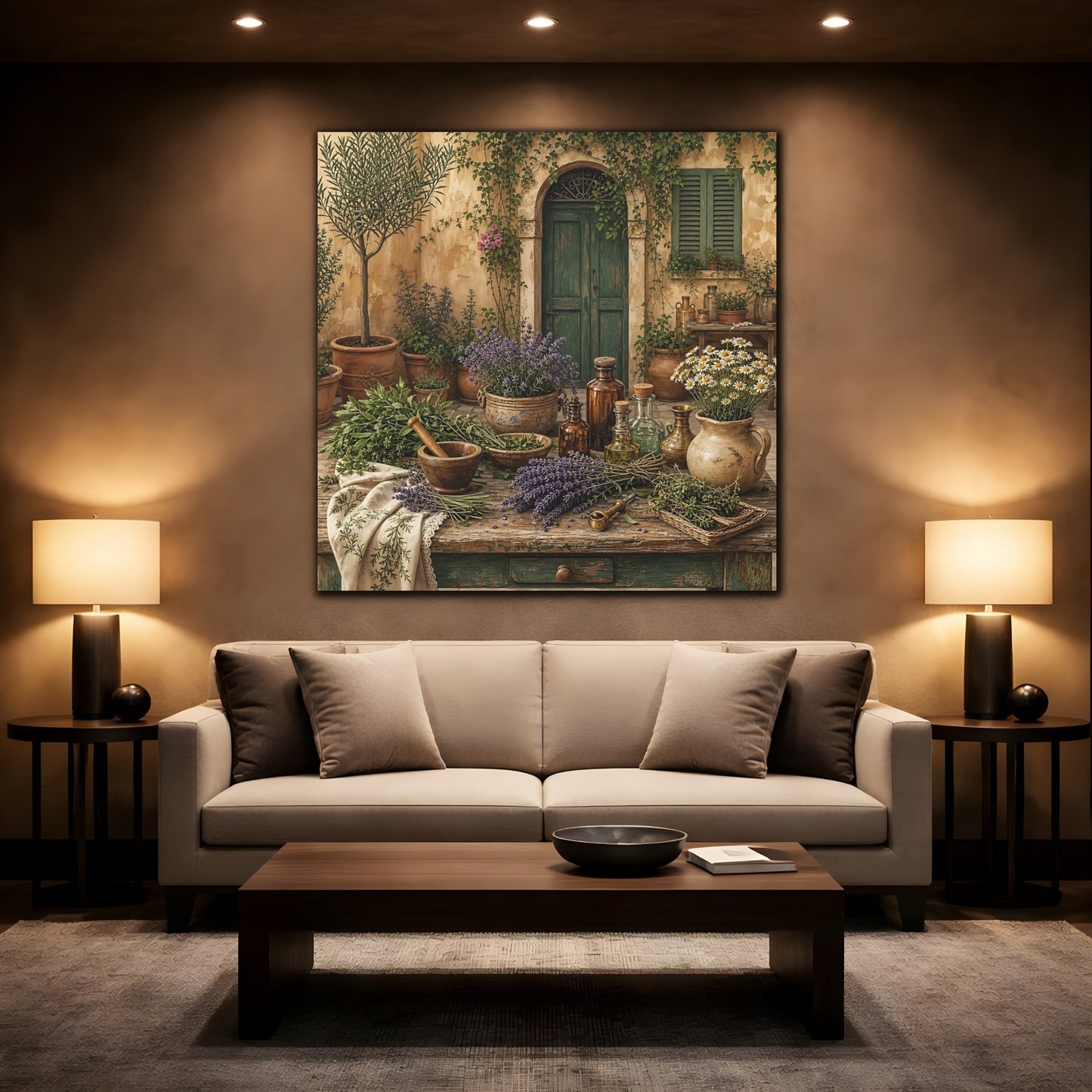 Mockup 2. Nature Herbal Table Rustic Green And Brown shown as stretched canvas wall art