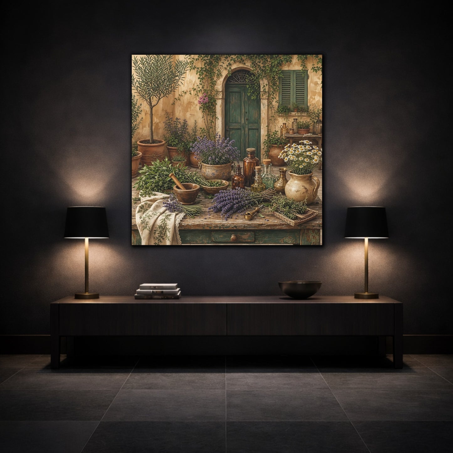 Mockup 3. Nature Herbal Table Rustic Green And Brown shown as stretched canvas wall art