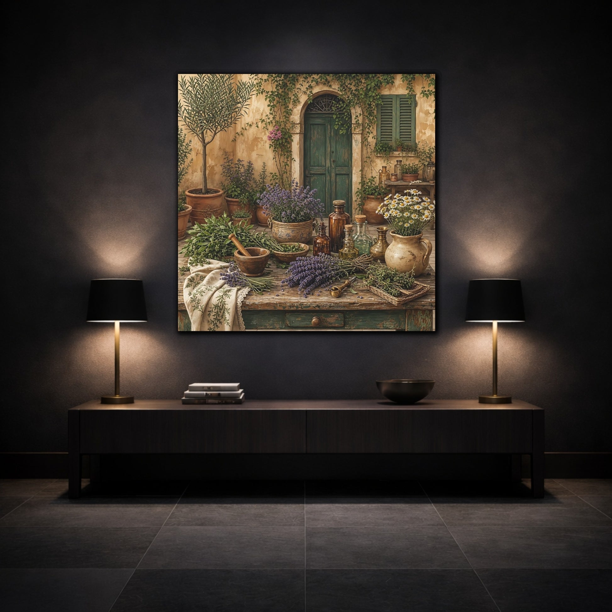 Mockup 3. Nature Herbal Table Rustic Green And Brown shown as stretched canvas wall art