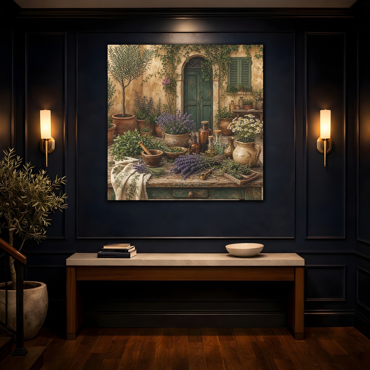 Mockup 4. Nature Herbal Table Rustic Green And Brown shown as stretched canvas wall art