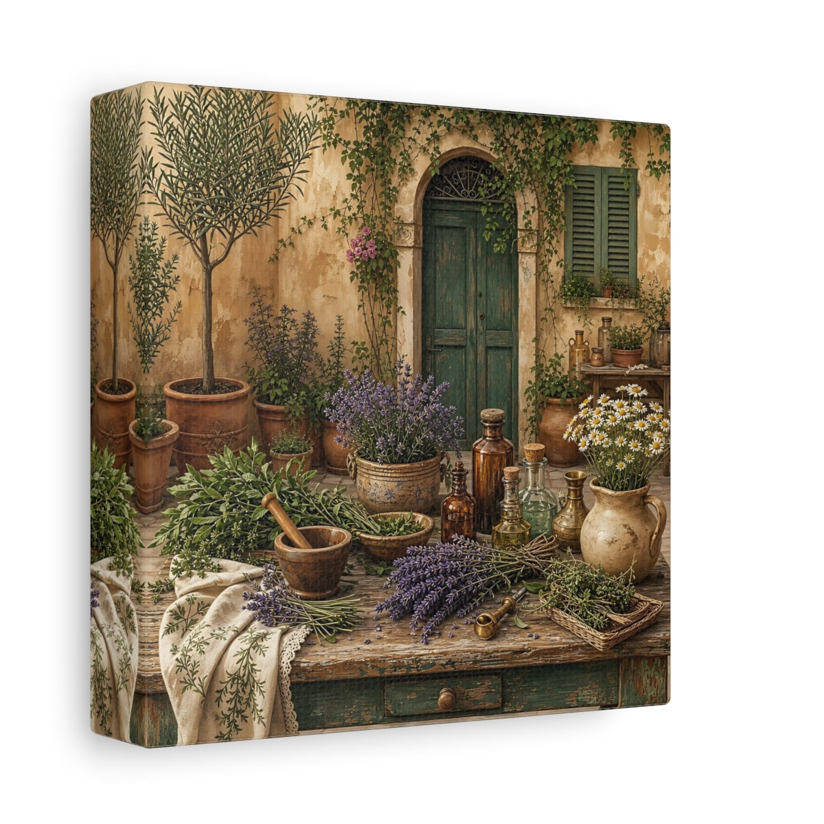 Side Mockup 2. Nature Herbal Table Rustic Green And Brown shown as stretched canvas wall art