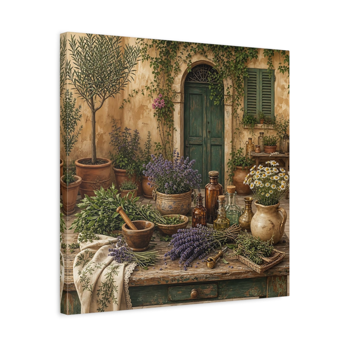 Side Mockup 5. Nature Herbal Table Rustic Green And Brown shown as stretched canvas wall art