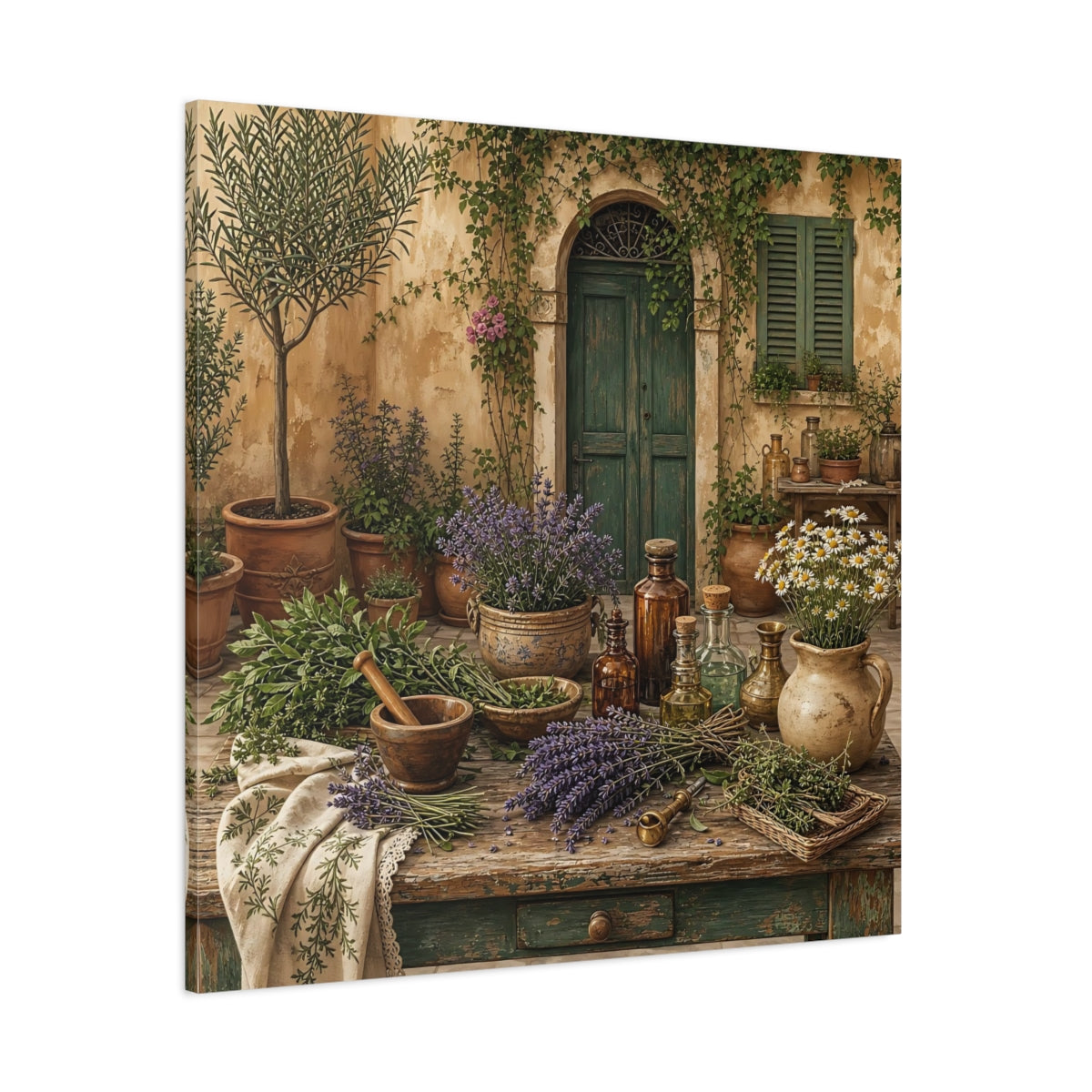 Side Mockup 1. Nature Herbal Table Rustic Green And Brown shown as stretched canvas wall art