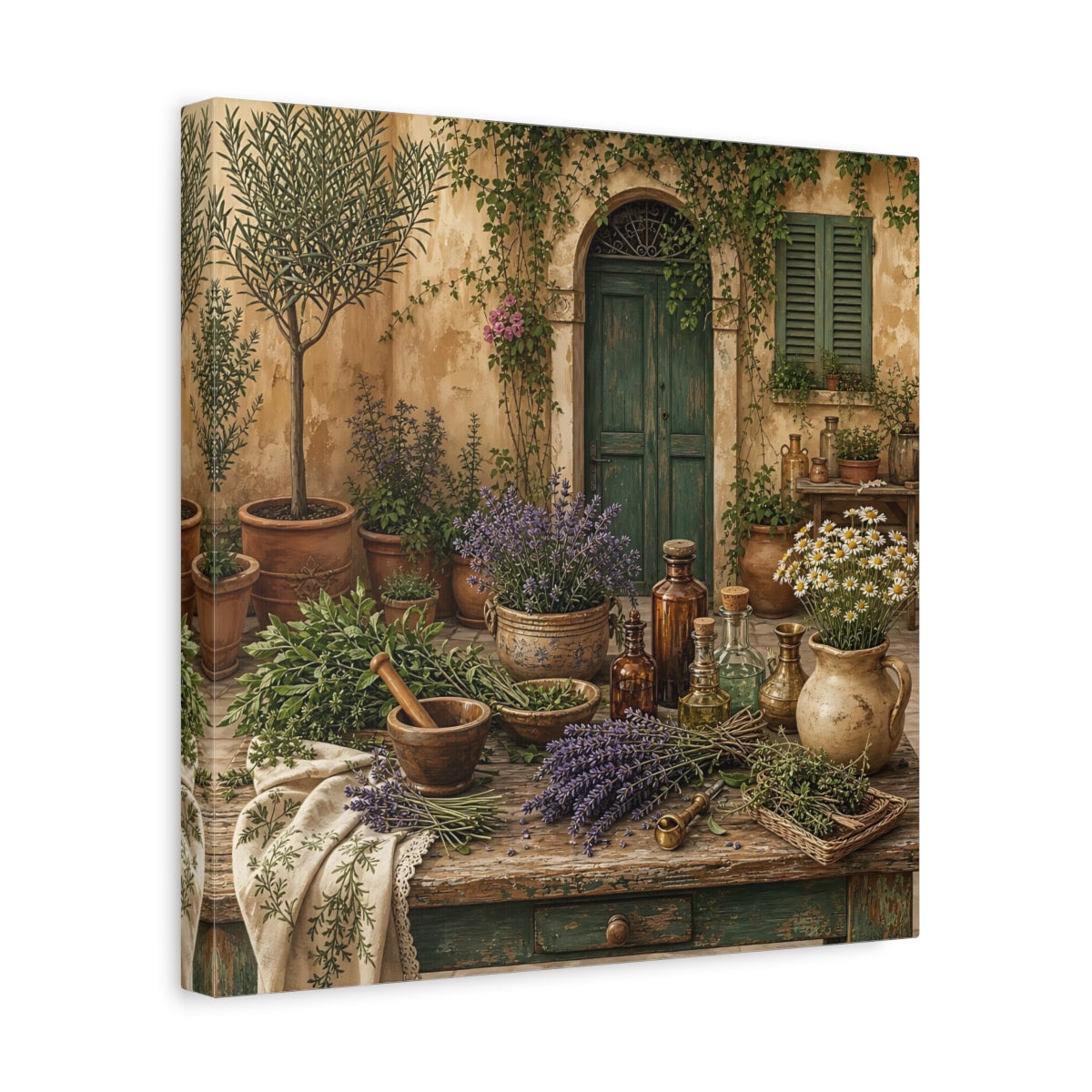 Side Mockup 7. Nature Herbal Table Rustic Green And Brown shown as stretched canvas wall art