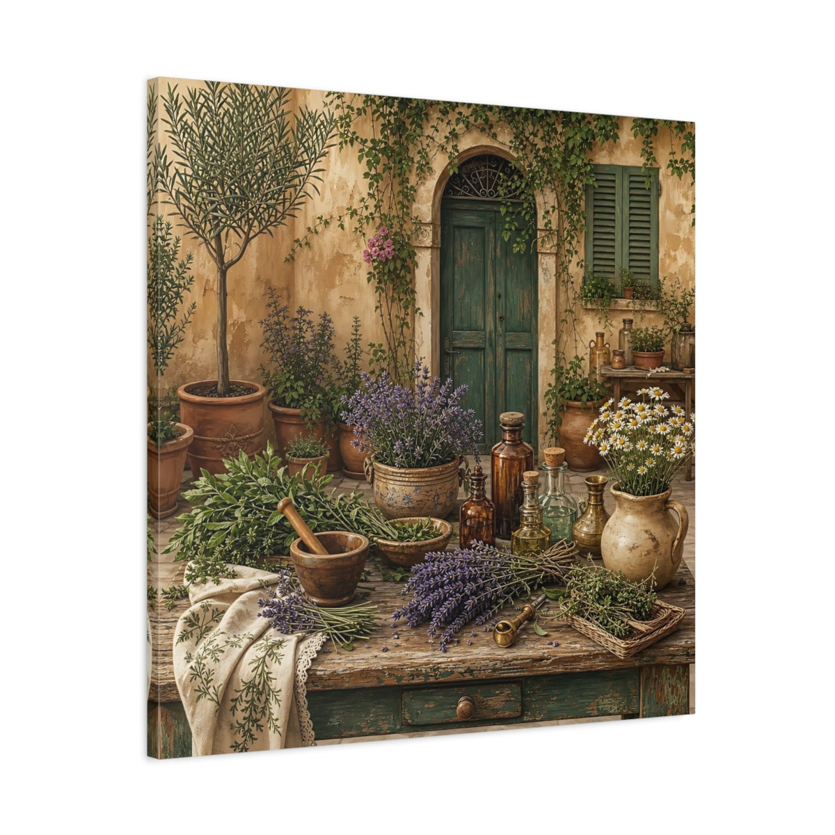 Side Mockup 3. Nature Herbal Table Rustic Green And Brown shown as stretched canvas wall art