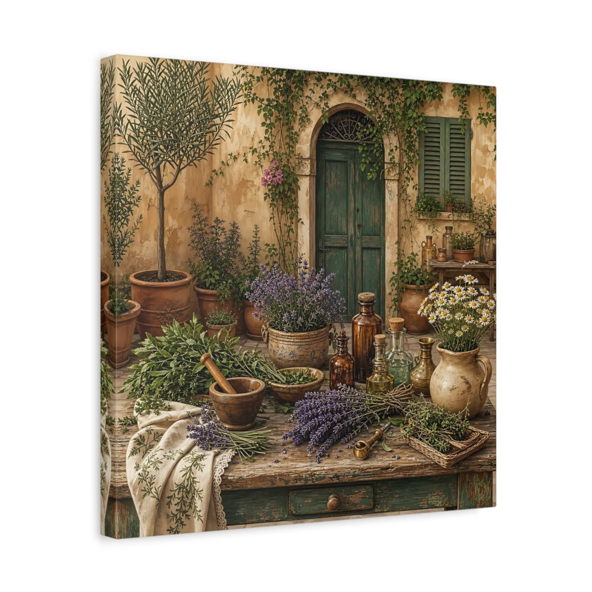 Side Mockup 6. Nature Herbal Table Rustic Green And Brown shown as stretched canvas wall art