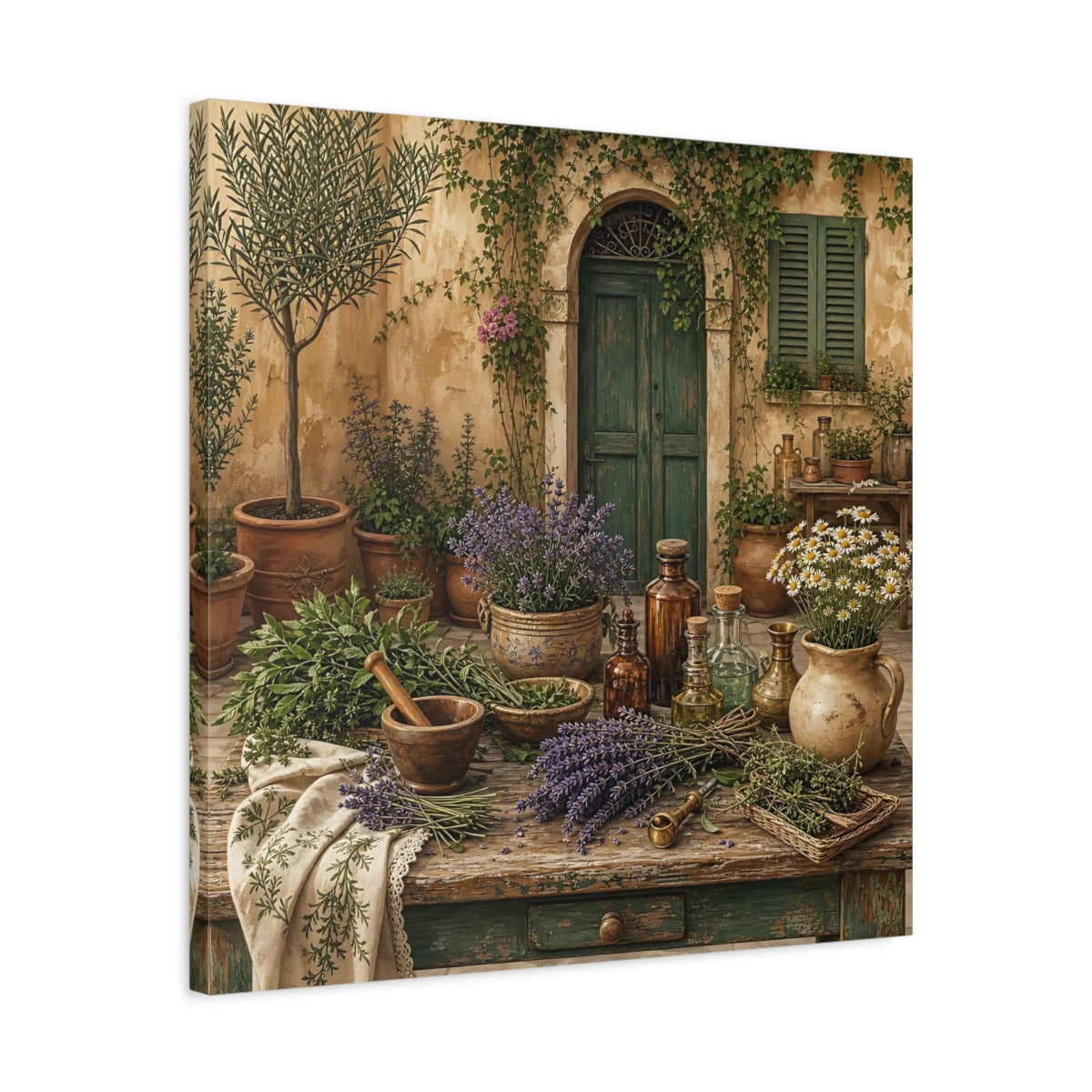 Side Mockup 4. Nature Herbal Table Rustic Green And Brown shown as stretched canvas wall art
