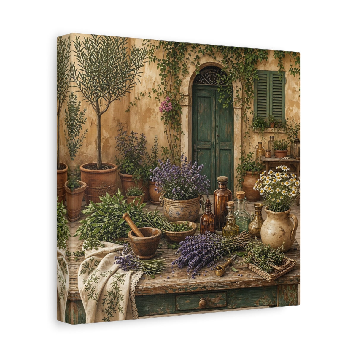 Side Mockup 9. Nature Herbal Table Rustic Green And Brown shown as stretched canvas wall art