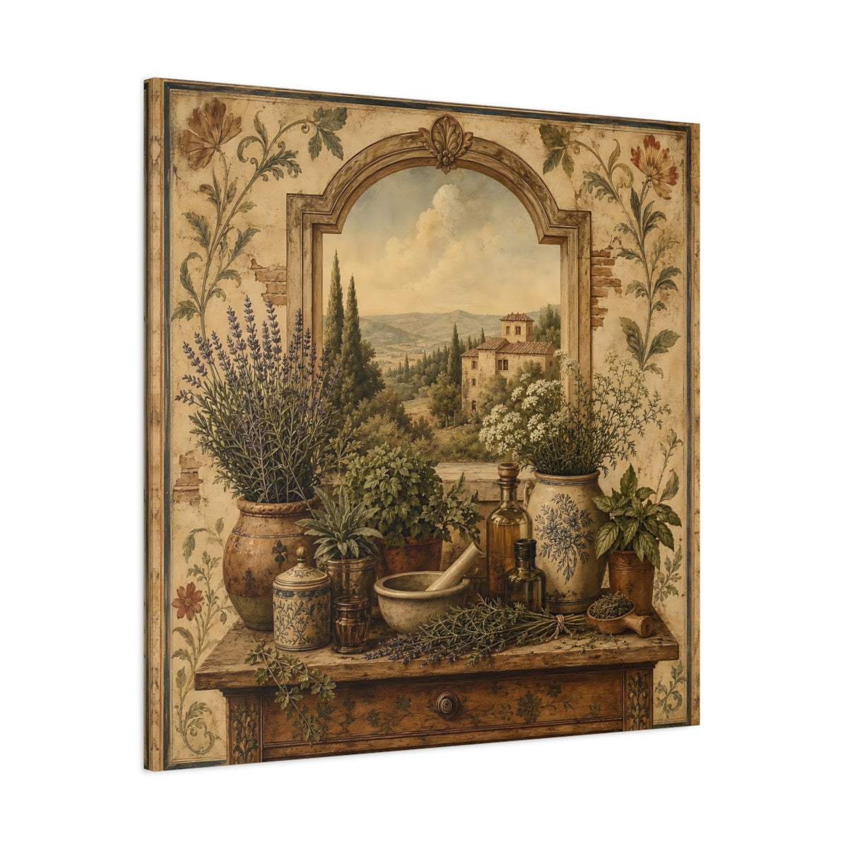 Side Mockup 1. Nature Herbs Tuscan Herb Garden shown as stretched canvas wall art
