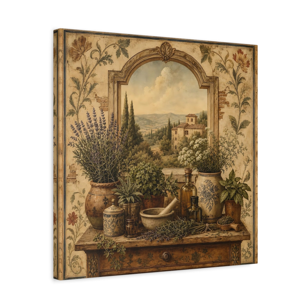 Side Mockup 5. Nature Herbs Tuscan Herb Garden shown as stretched canvas wall art