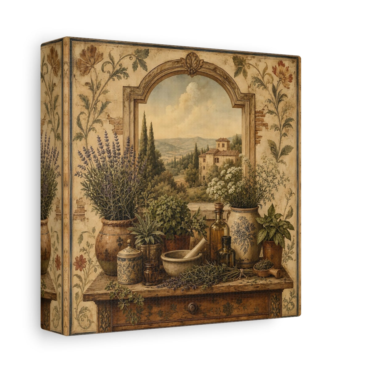 Side Mockup 2. Nature Herbs Tuscan Herb Garden shown as stretched canvas wall art