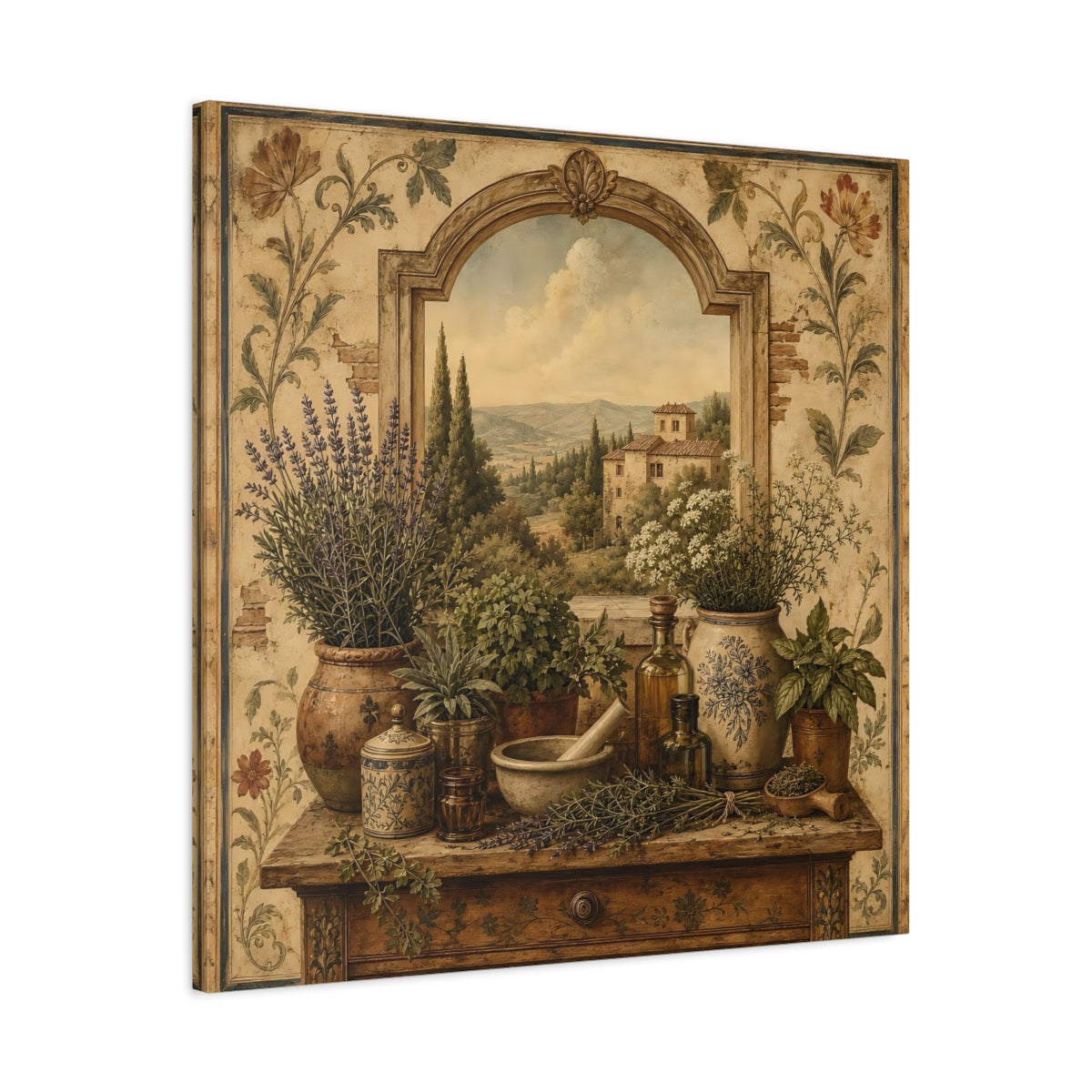 Side Mockup 3. Nature Herbs Tuscan Herb Garden shown as stretched canvas wall art
