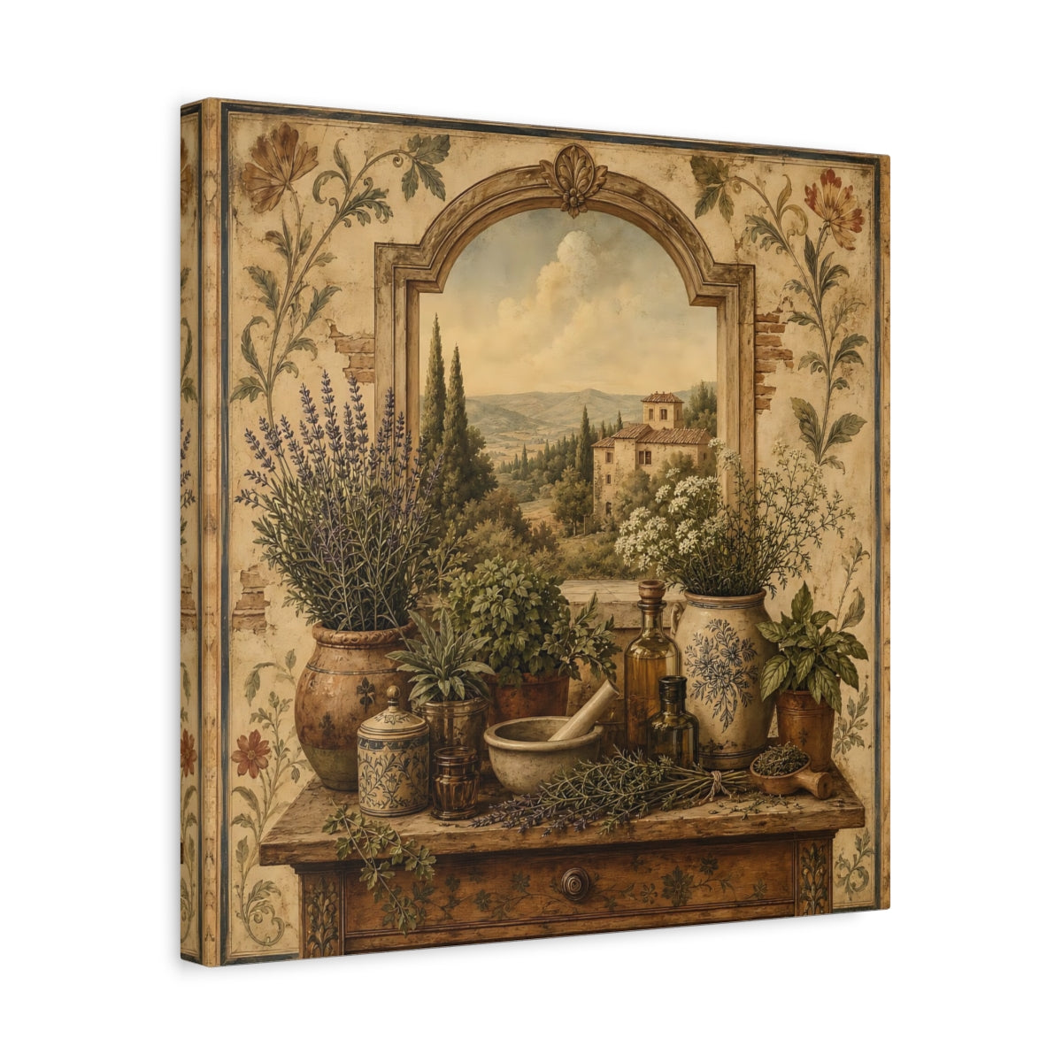 Side Mockup 6. Nature Herbs Tuscan Herb Garden shown as stretched canvas wall art