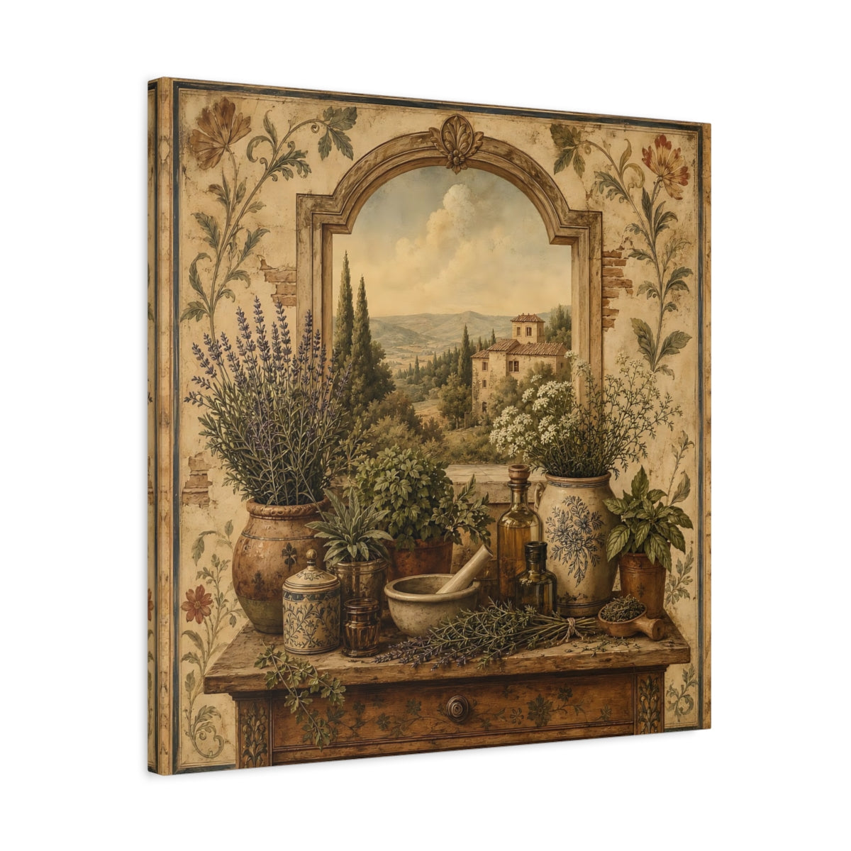 Side Mockup 4. Nature Herbs Tuscan Herb Garden shown as stretched canvas wall art