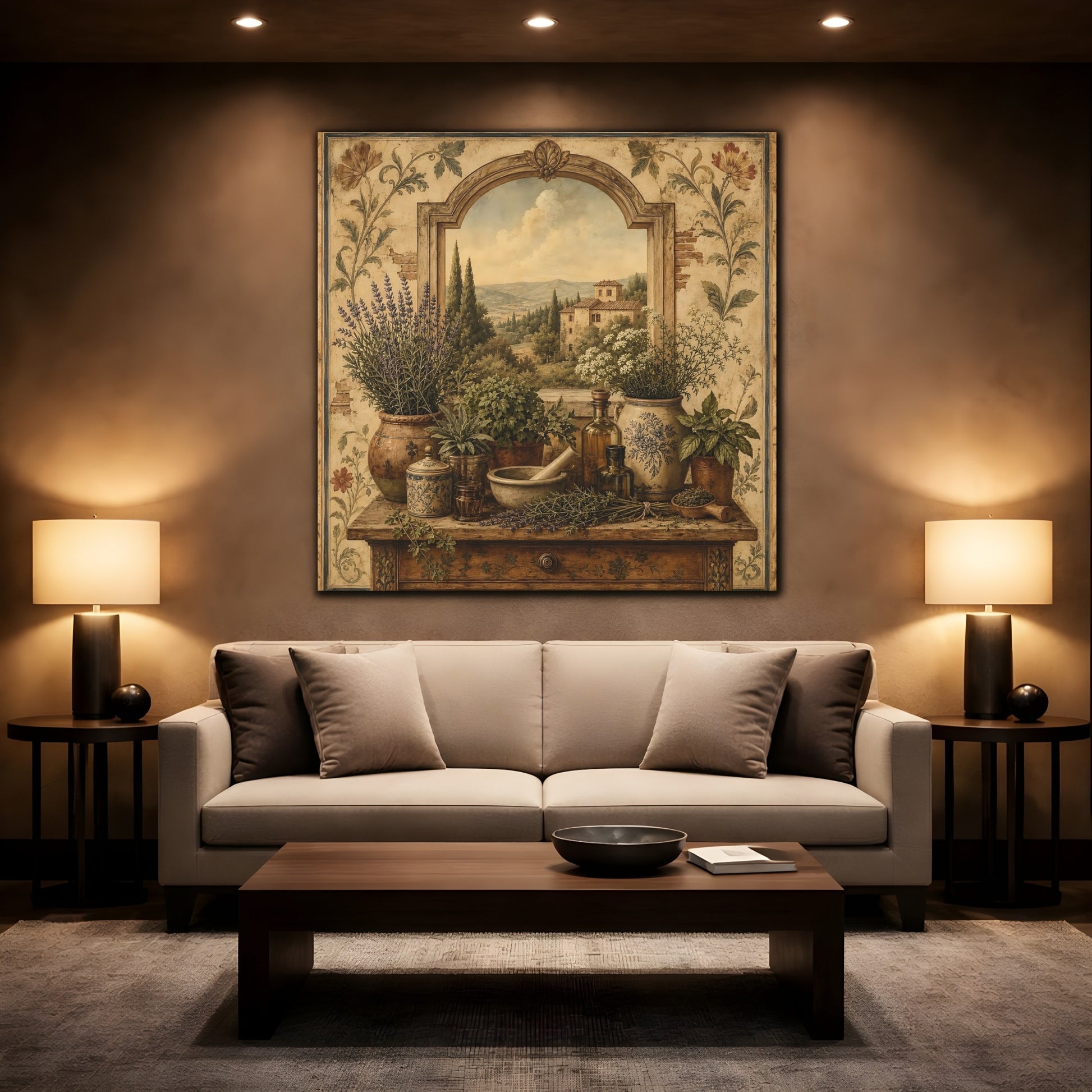 Mockup 2. Nature Herbs Tuscan Herb Garden shown as stretched canvas wall art