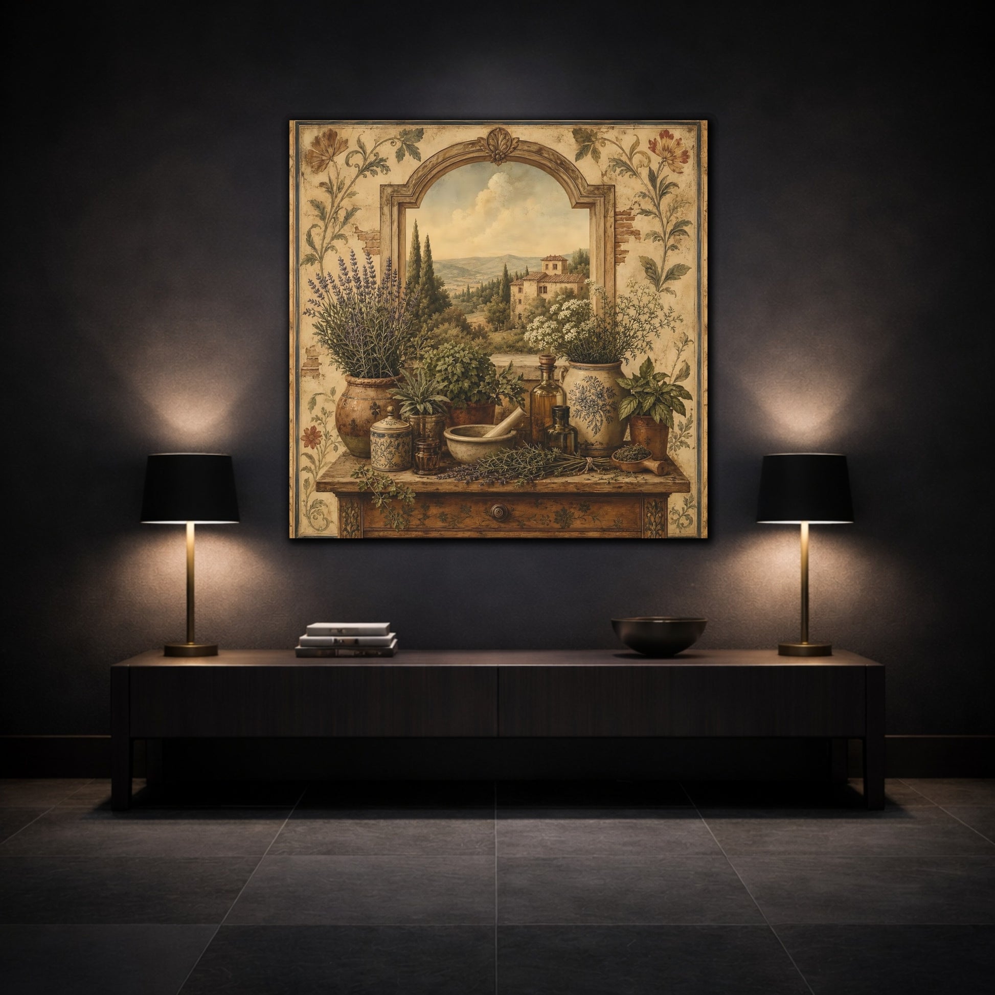 Mockup 3. Nature Herbs Tuscan Herb Garden shown as stretched canvas wall art