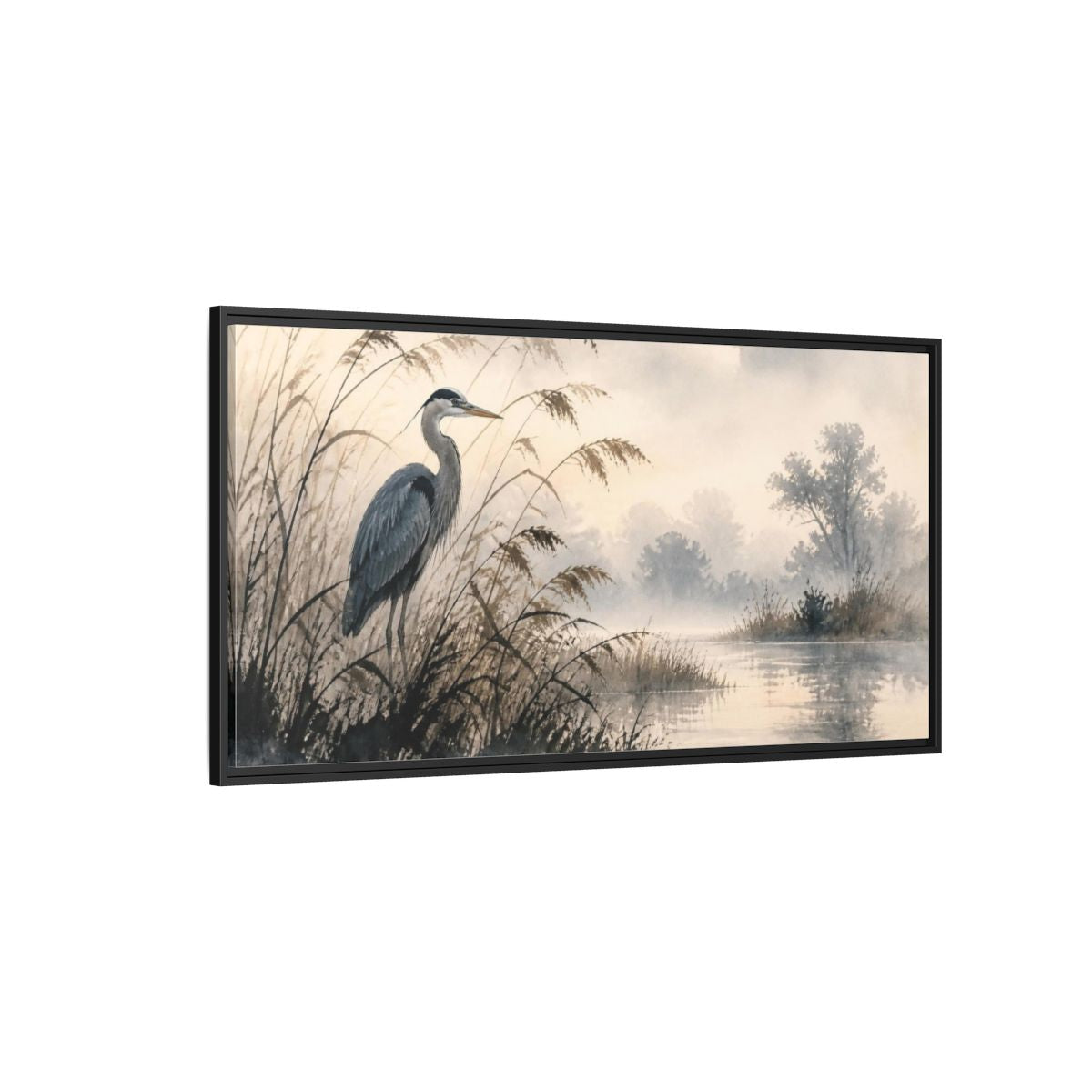Side Mockup 5. Nature Heron By Marsh shown as framed canvas print