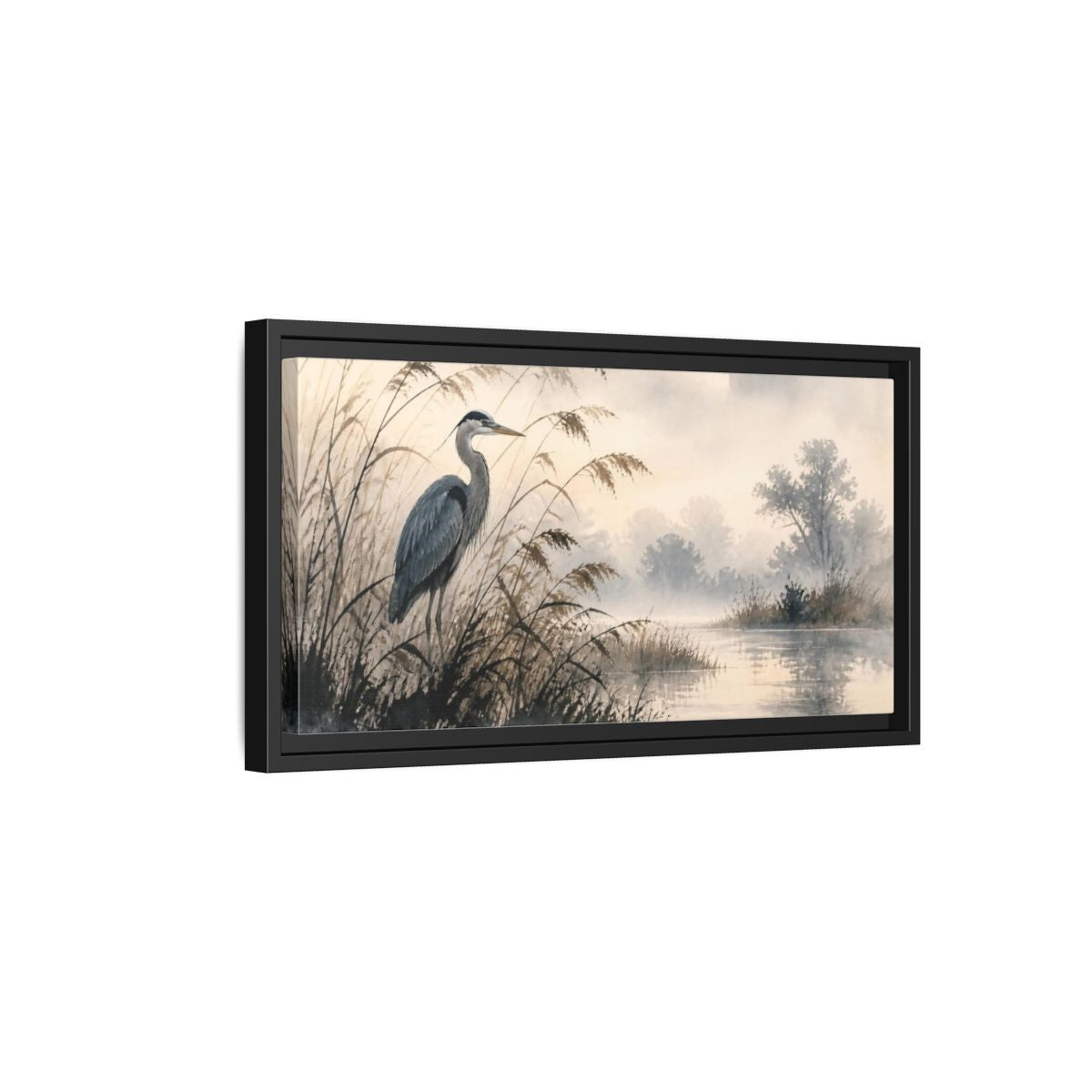 Side Mockup 8. Nature Heron By Marsh shown as framed canvas print