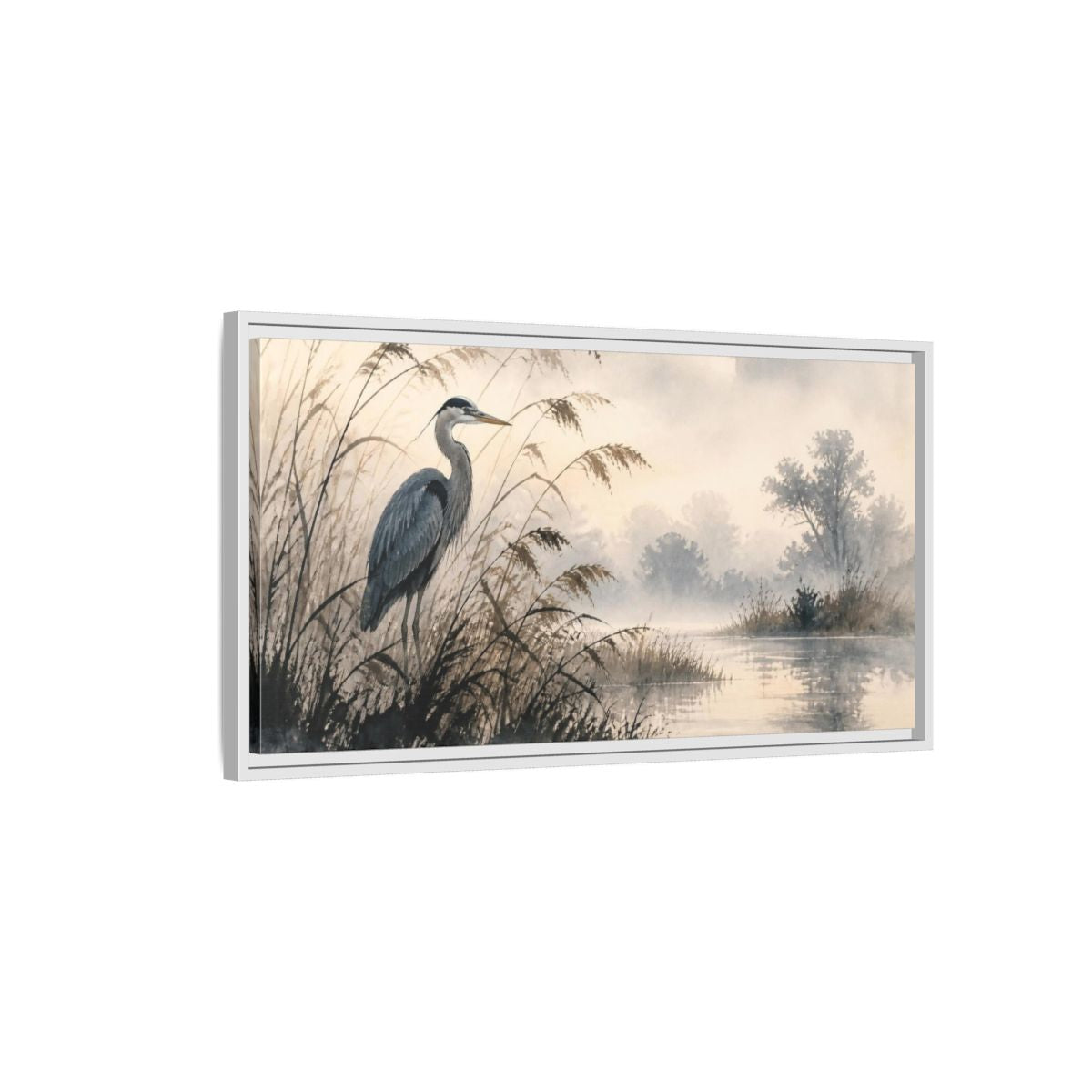 Side Mockup 1. Nature Heron By Marsh shown as framed canvas print