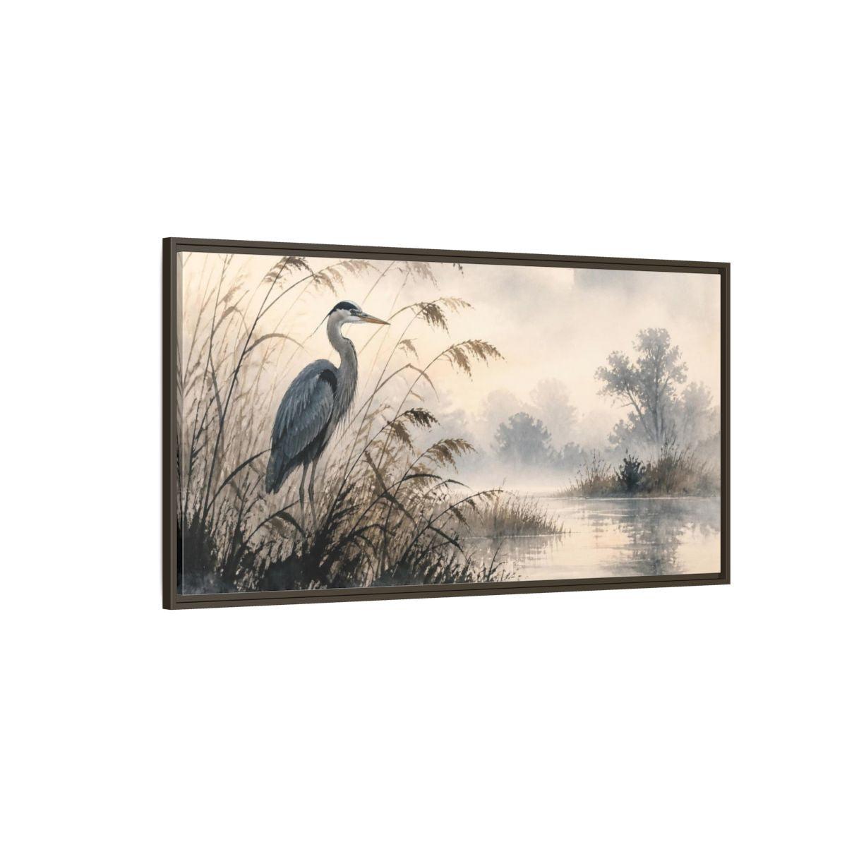 Side Mockup 4. Nature Heron By Marsh shown as framed canvas print