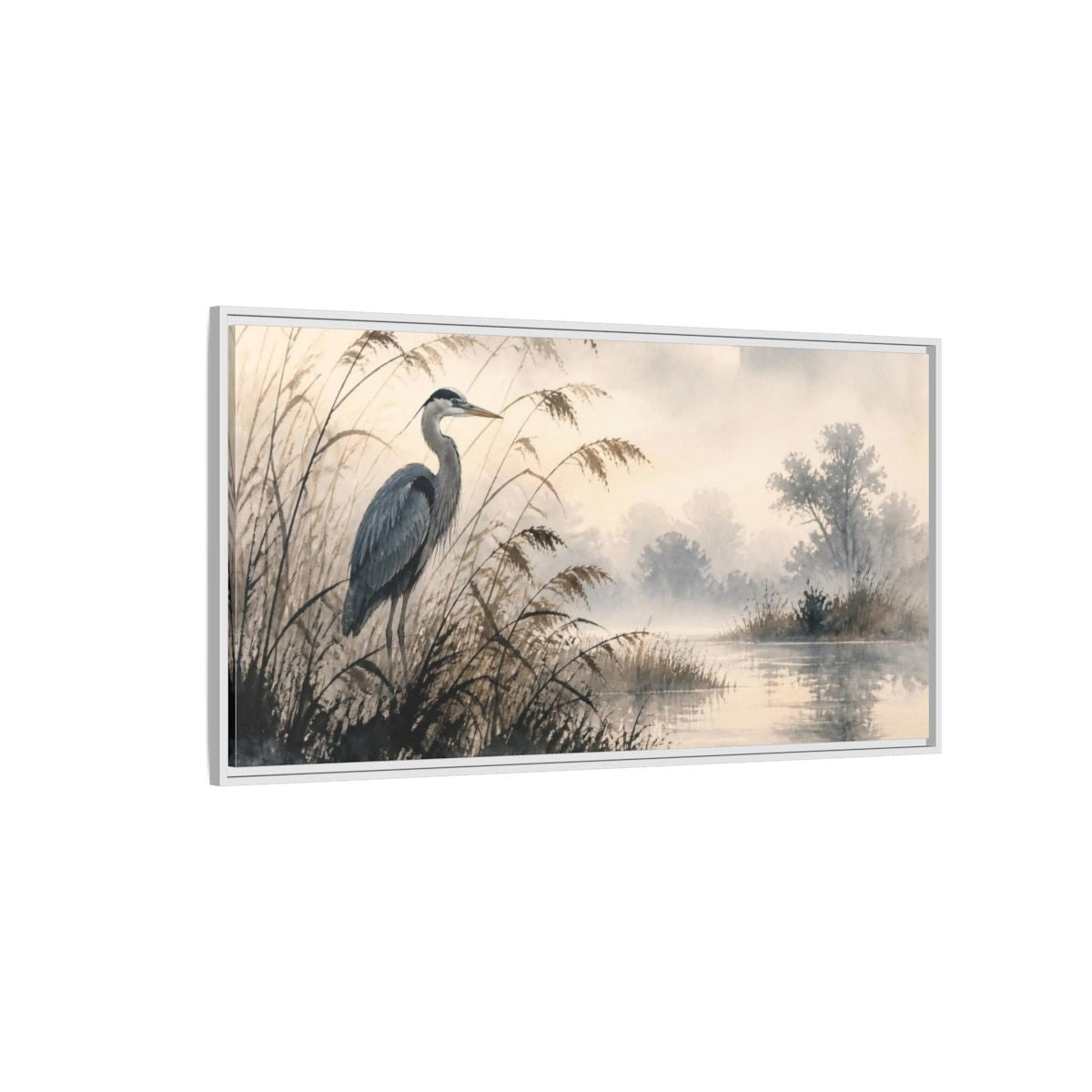 Side Mockup 3. Nature Heron By Marsh shown as framed canvas print
